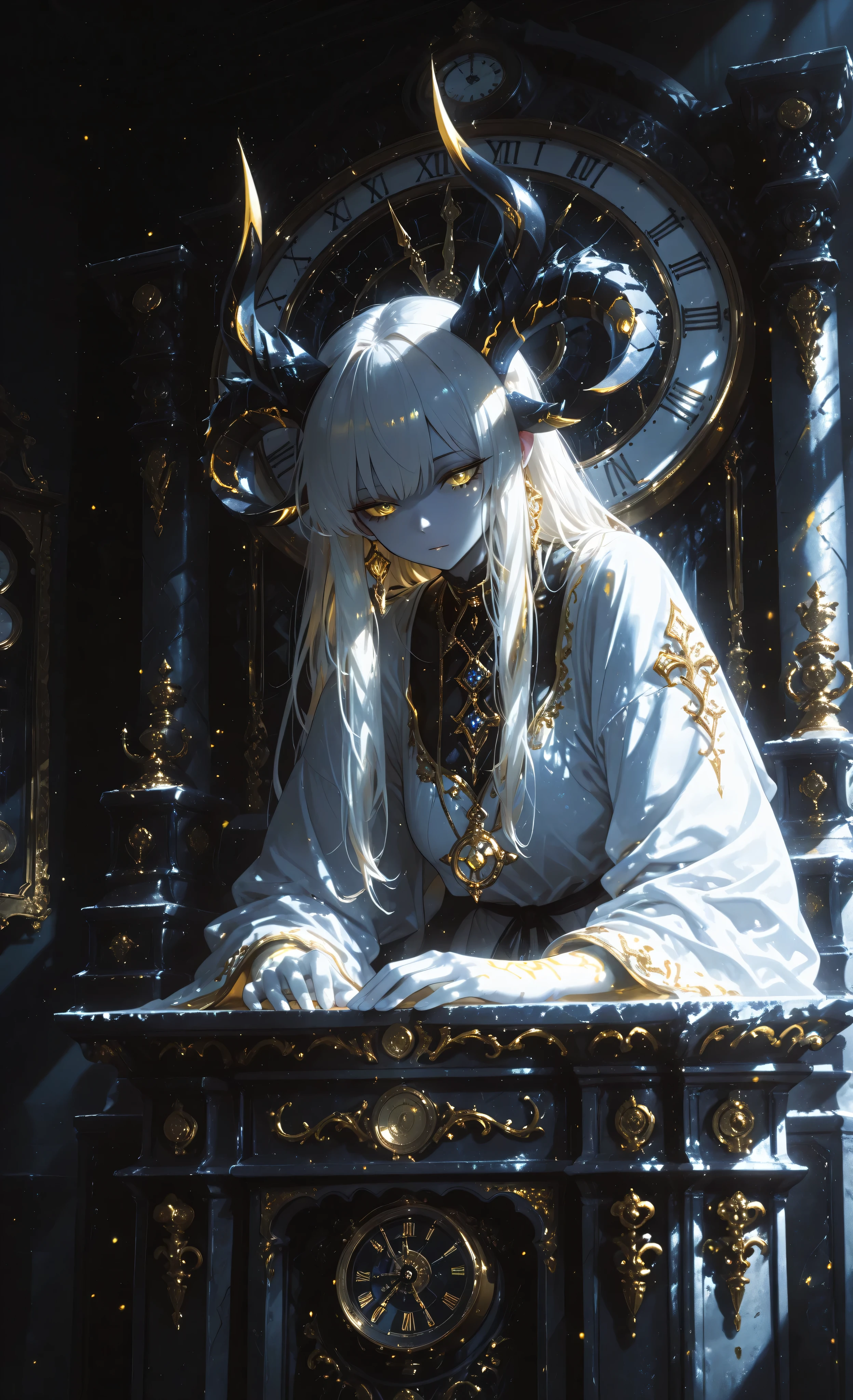 (moody lighting, dramatic shadows, bloom lighting, colored shadows, Ink Style, best quality, soft lines, clear details, masterpiece:1.3, 8k:1.3, Highest quality:1.3, detail:1.3, high resolution:1.3, digital painting, super detail),
(gothic, cinematic, fantasy art),
male auctioneer presiding over midnight auction, anthropomorphic goat-like figure, white fur, large curved horns,
**(standing behind ornate podium:1.5),** wearing flowing white robe with golden accents, jeweled necklace,
**(hands resting on podium:1.3),** pale face with contemplative expression,
setting: (exclusive midnight auction:1.7), ruined grand hall,
antique clock showing exactly midnight, tall columns, moonlight through broken ceiling,
single spotlight on auctioneer, shadowy aristocratic patrons in background,
mysterious artifacts on display, dramatic lighting, strong shadows,
mysterious atmosphere, melancholic mood, sophisticated yet ominous