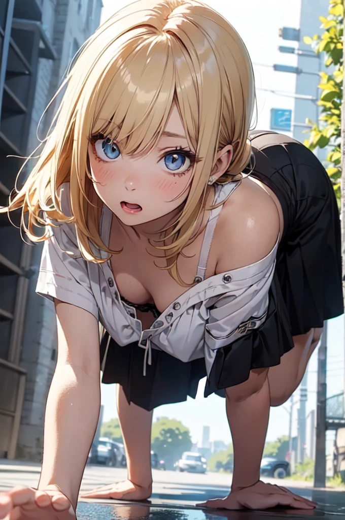 1girl, blonde hair, short hair, blue eyes, (:1.1), kneeling, paw pose, tongue out, blush, collar, tears, crying, public street, , Masterpiece, best quality, detailed background, intricate details, detailed, <lora:detail_slider_v4:1.25>
