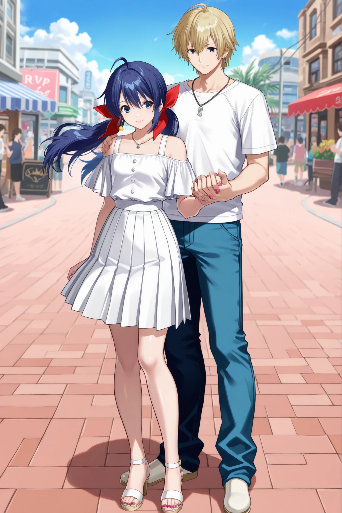 (masterpiece, best quality : 1.2),  {{vivid animated colors}}, {{high resolution}},,, , strong wind, raytracing, ,,,,,,,,,1 girl and 1 boy standing together, 1girl(Hotaru Futaba,, , beautiful woman,,,,twintails, ahoge,red ribbon, hair ribbon, (blue hair:1.4),,,, blue eyes, low twintails, , long hair, ,,, hair bow, hair between eyes, sidelocks, ,,,,,,,,,,,white off-the-shoulder blouse,,,,short-sleeves blouse,,,,,shoulder straps of blouse, ,,,,,white pleated skirt,,,,yellow lace panty,,,,,upskirt,,white sandals,,,,, high heels,,, , Manicure, pedicure, earrings,necklace,,),,,,,,,,,,,,,,,,,,,,,1boy((rock howard,),golden hair),,,,,,,(hand holding,, interlocked fingers,,side-by-side,,,:1.4),,,shopping street,blue sky,,,cowboy shot