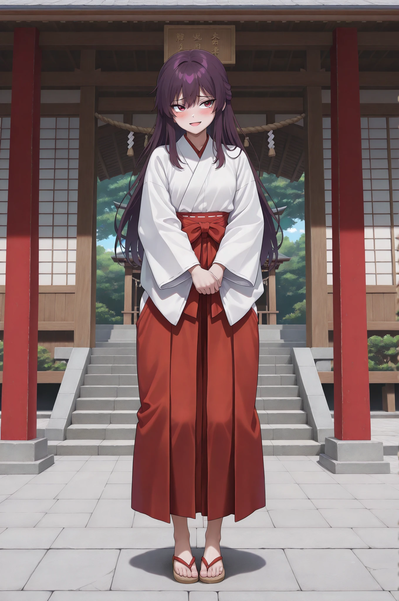 solo,deepstroke3,(small girl,short girl:1.2),(white skin),(curvy),projectile, Shrine, (tsurime:1.2), ,(cute:1.3),(round face:1.4),(dark purple hair, ruby eyes, long_hair, Half-up, ),score_9, score_8_up, score_7_up, 8k, high quality, best quality, high quality detailed, rating_explicit,(very aesthetic),( high detailed eyes:1.2), perfect , (very beautiful eyes:1.2), (shy,blush),smile,open mouth,masterpiece,(,full body:1.5),miko, red hakama, miko_dress, barefoot,toes,sandals,standing