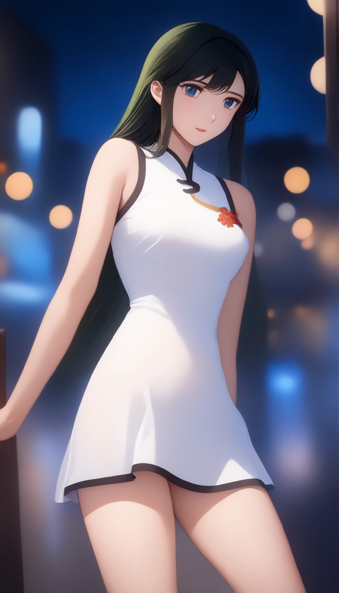 long hair,17 years old,silver bell, 1girl, solo, China hair , long hair, , dark green hair,, straight shot with bokeh, blue eyes, , white China dress, Around town, white panties、sleeveless, spread legs,show white panties,Bare Shoulders, beautiful skin,mini dress ,beautiful boobs,Beautiful Panty Crotch Body Conscious China Mini, masterpiece,最High Quality, , High Quality, Good quality、Very Aesthetic,very high resolution,when I'm wet,white panties,,raise your skirt and show your butt,white panties, Sad brow