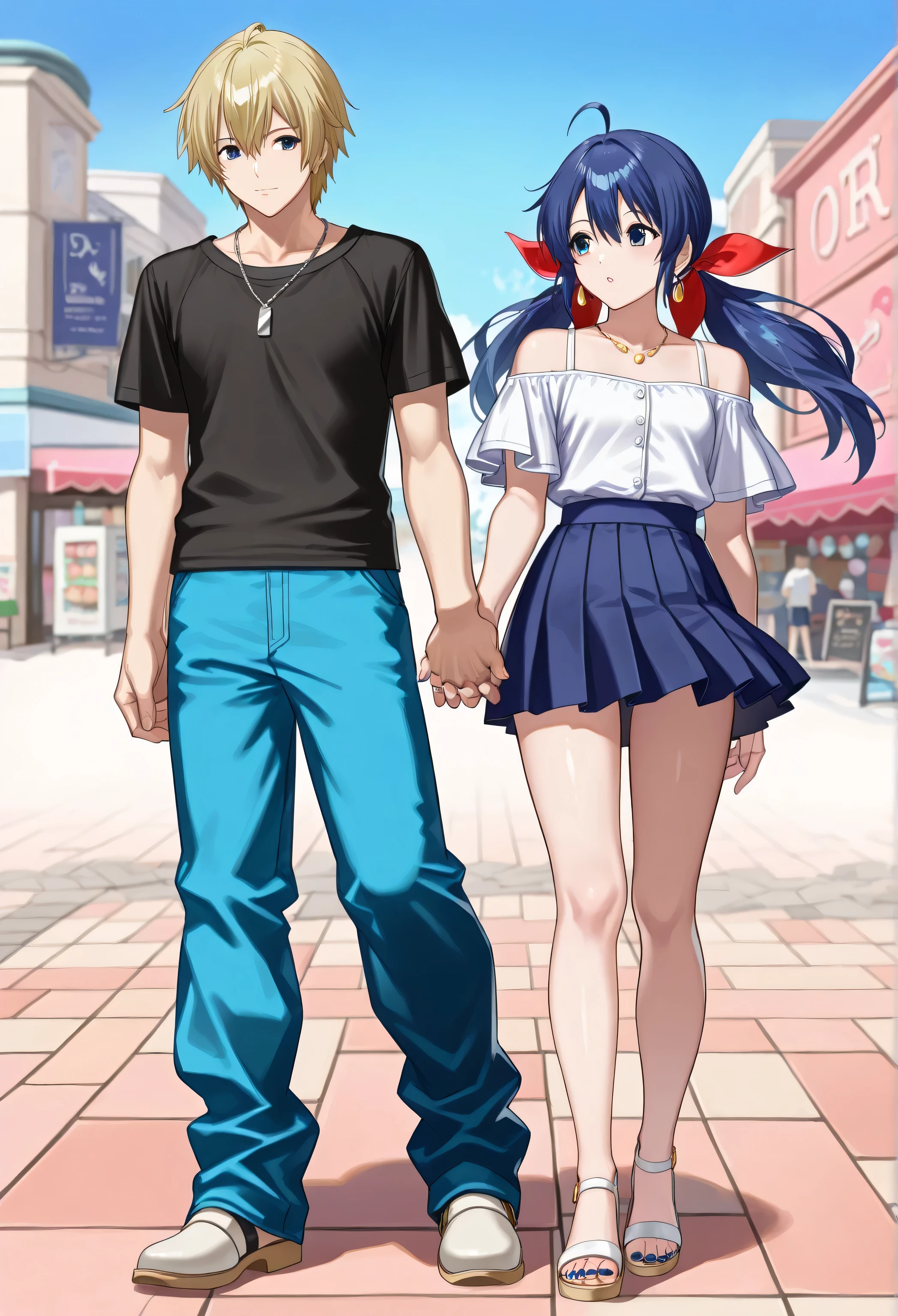 (masterpiece, best quality : 1.2), {{vivid animated colors}}, {{high resolution}},,, , strong wind, raytracing, ,,,,,,,,,1 girl and 1 boy standing together, 1girl(Hotaru Futaba,, , beautiful woman,,,,twintails, ahoge,red ribbon, hair ribbon, (blue hair:1.4),,,, blue eyes, low twintails, , long hair, ,,, hair bow, hair between eyes, sidelocks, ,,,,,,,,,,,white off-the-shoulder blouse,,,,short-sleeves blouse,,,,,shoulder straps of blouse, ,,,,,white pleated skirt,,,,yellow lace panty,,,,,upskirt,,white sandals,,,,, high heels,,, , Manicure, pedicure, earrings,necklace,,),,,,,,,,,,,,,,,,,,,,,1boy((rock howard,),golden hair),,,,,,,(hand holding,, interlocked fingers,,side-by-side,,,:1.4),,,shopping street,blue sky,,,,full body