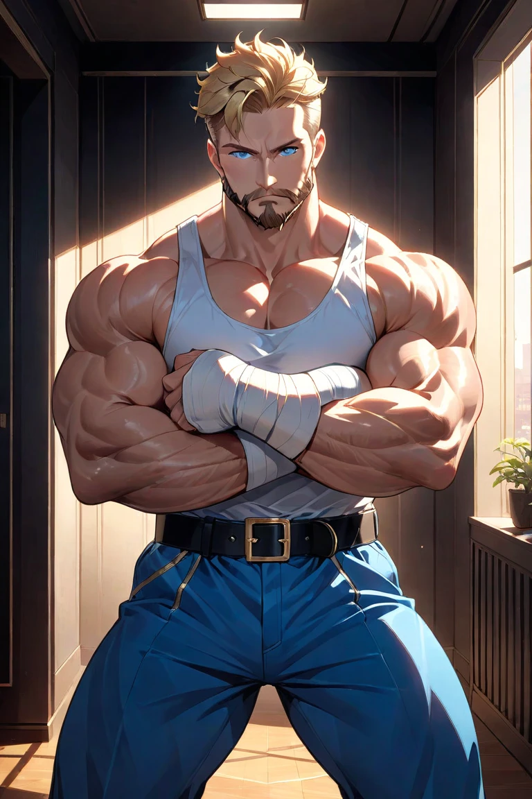 (: 1.5), (handsome Man sitting on table eating bread ),(crew cut short hair:1.8),black eye,(Wear a fitted round neck t-shirt in navy with a police badge.:1.5),(fit neck),Navy blue jeans,(black_gloves:1.2), Korean guy,chest muscles,large arm muscles,blood vessel,Big muscles,Broad shoulders, (open mouth:1.2),(face up:1.2),(open eyes:1.5), middle of the road,smile, In the bread shop,