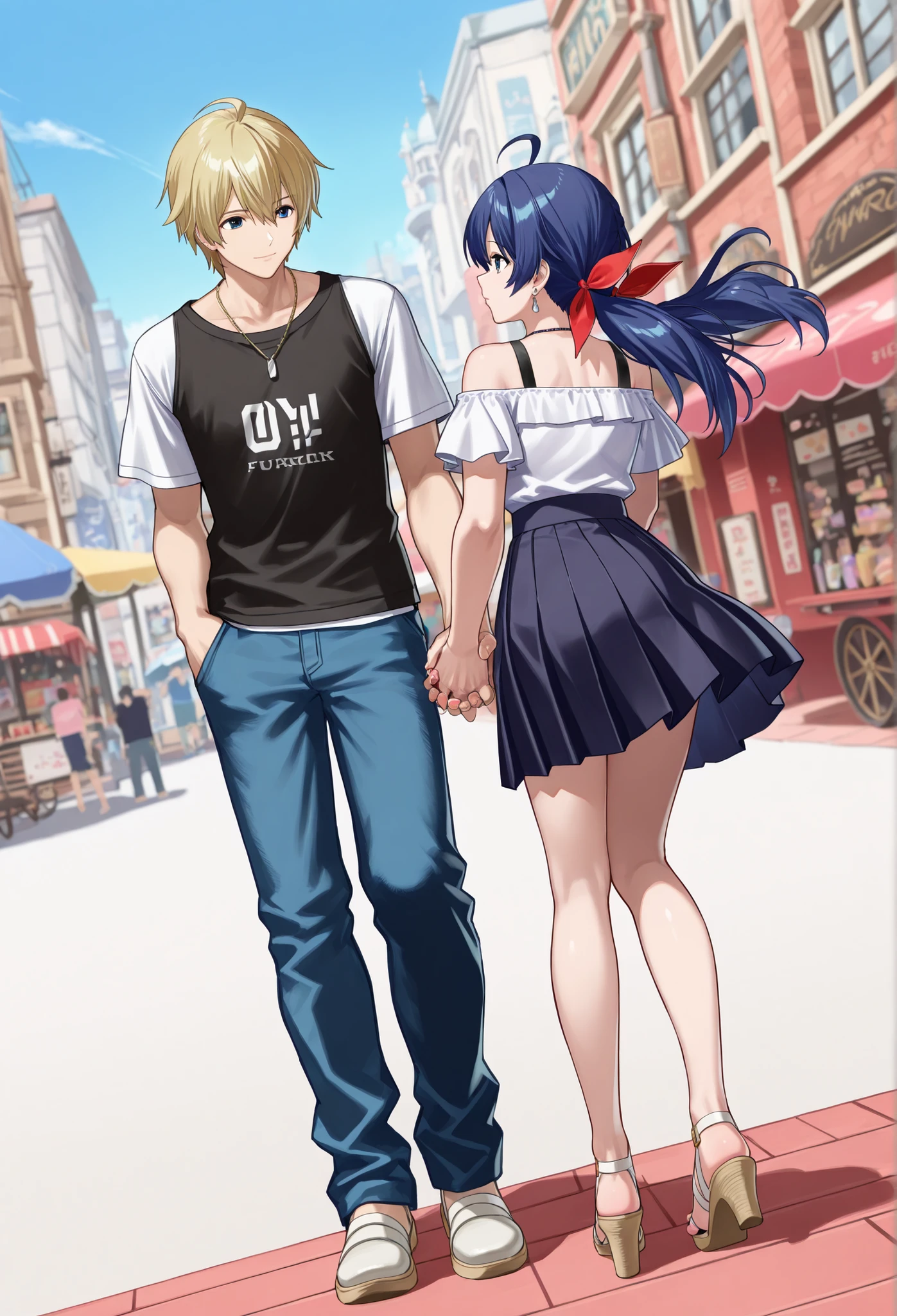(masterpiece, best quality : 1.2), {{vivid animated colors}}, {{high resolution}},,, , strong wind, raytracing, ,,,,,,,,,1 girl and 1 boy standing together, 1girl(Hotaru Futaba,, , beautiful woman,,,,twintails, ahoge,red ribbon, hair ribbon, (blue hair:1.4),,,, blue eyes, low twintails, , long hair, ,,, hair bow, hair between eyes, sidelocks, ,,,,,,,,,,,white off-the-shoulder blouse,,,,short-sleeves blouse,,,,,shoulder straps of blouse, ,,,,,white pleated skirt,,,,yellow lace panty,,,,,upskirt,,white sandals,,,,, high heels,,, , Manicure, pedicure, earrings,necklace,,),,,,,,,,,,,,,,,,,,,,,1boy((rock howard,),golden hair),,,,,,,(hand holding,, interlocked fingers,,,,,:1.4),,,shopping street,blue sky,,,cowboy shot