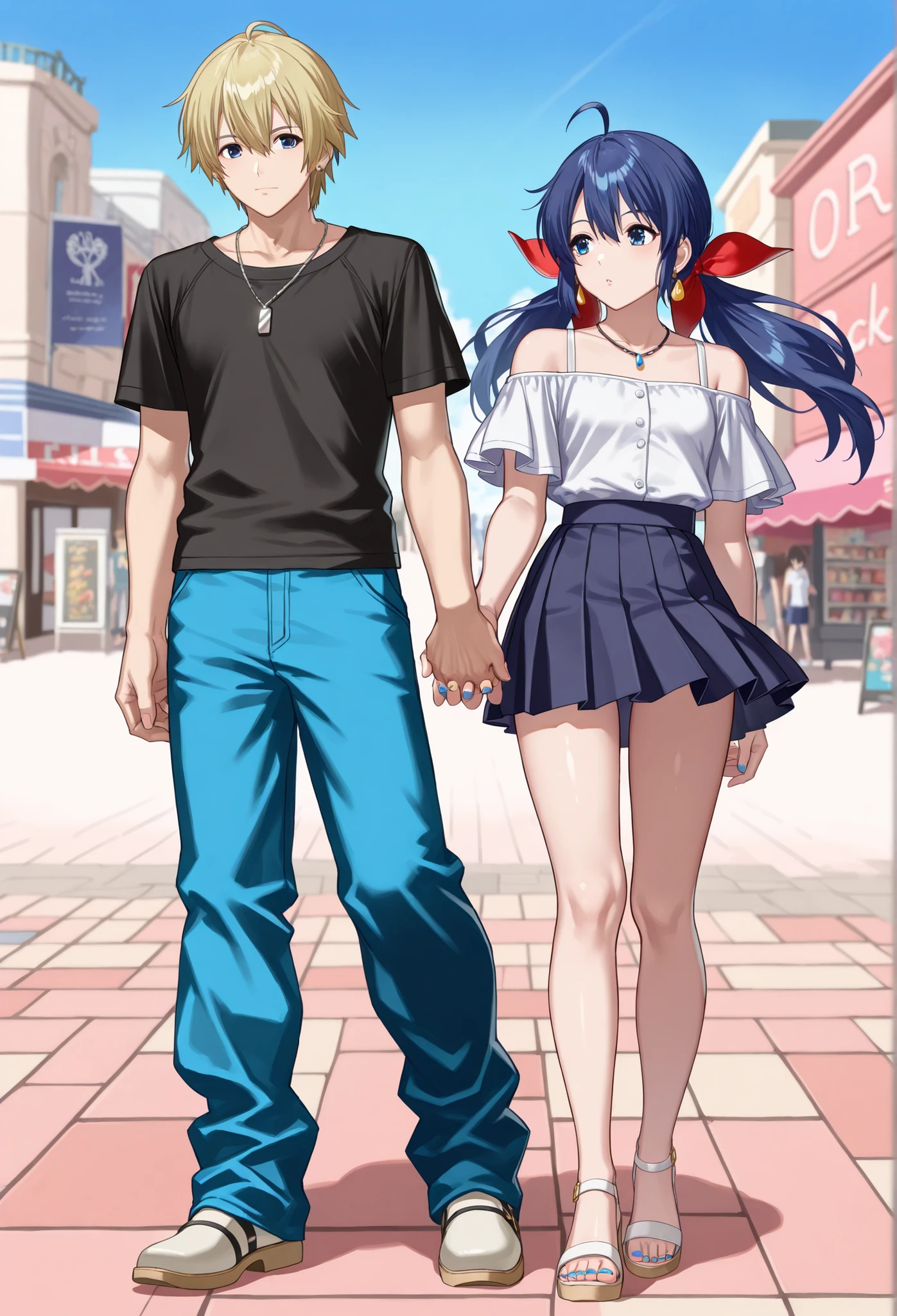(masterpiece, best quality : 1.2), {{vivid animated colors}}, {{high resolution}},,, , strong wind, raytracing, ,,,,,,,,,1 girl and 1 boy standing together, 1girl(Hotaru Futaba,, , beautiful woman,,,,twintails, ahoge,red ribbon, hair ribbon, (blue hair:1.4),,,, blue eyes, low twintails, , long hair, ,,, hair bow, hair between eyes, sidelocks, ,,,,,,,,,,,white off-the-shoulder blouse,,,,short-sleeves blouse,,,,,shoulder straps of blouse, ,,,,,white pleated skirt,,,,yellow lace panty,,,,,upskirt,,white sandals,,,,, high heels,,, , Manicure, pedicure, earrings,necklace,,),,,,,,,,,,,,,,,,,,,,,1boy((rock howard,),golden hair),,,,,,,(hand holding,, interlocked fingers,,side-by-side,,,:1.4),,,shopping street,blue sky,,,,full body
