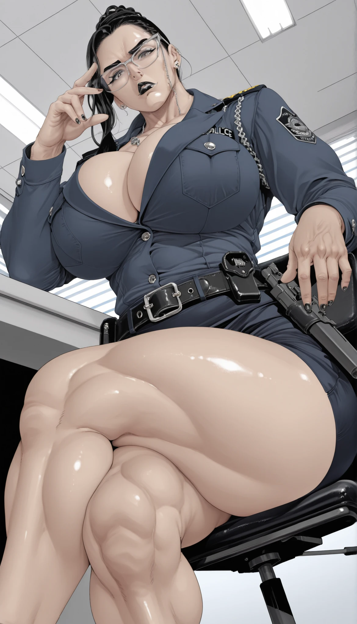 mrskanenari, glasses, jewelry, earrings, grey eyes, black lips, , black hair, black nails, thick muscular thighs, wide curvy , police uniform, police officer, gun in belt, one hand on table, pencil skirt, office, sitting on chair, legs crossed, from below, dynamic angle, Front view, looking at viewer,