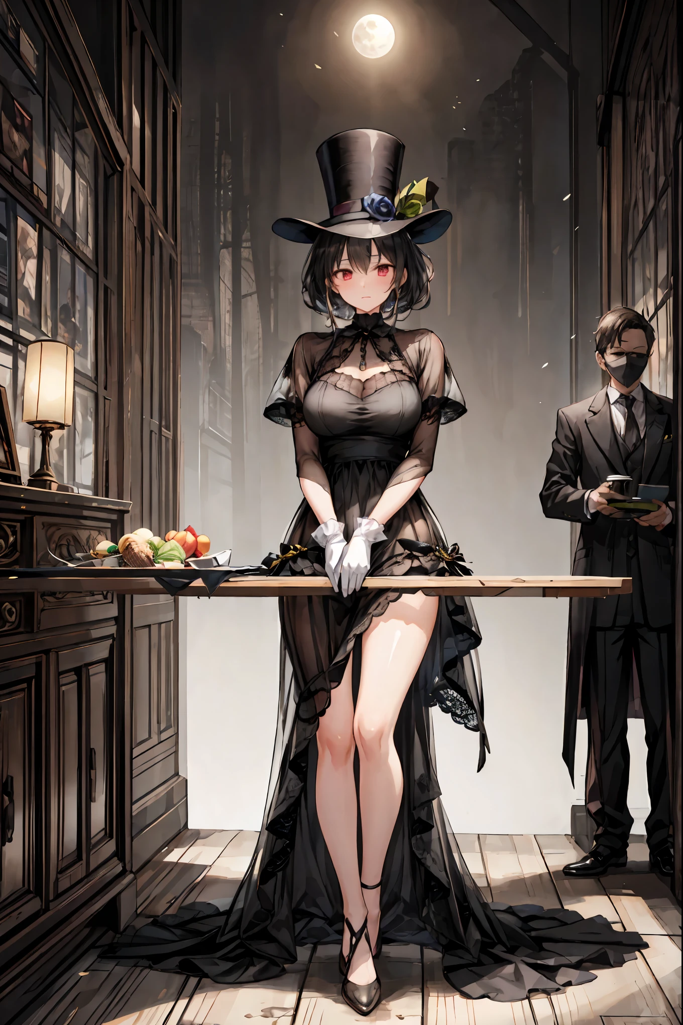 Midnight Auction,Midnight Auctioneer,Woman Who Hits a Hammer,Secrets That Can Be Auctioned,Auction House in the Dark,high resolution,Realistic,miniature painting,still life,photograph,HDR,High Key,perfect composition near the entrance,Superb Light and Dark,Luxurious colors、Dimly、heavy auction venue、while the moonlight shines in、participants wearing faceless masks、Wearing a top hat、mysterious auctioneer with white gloves standing at hand、That low voice is echoing、cursed antique jewels are placed on the table、participants are sitting like shadows。