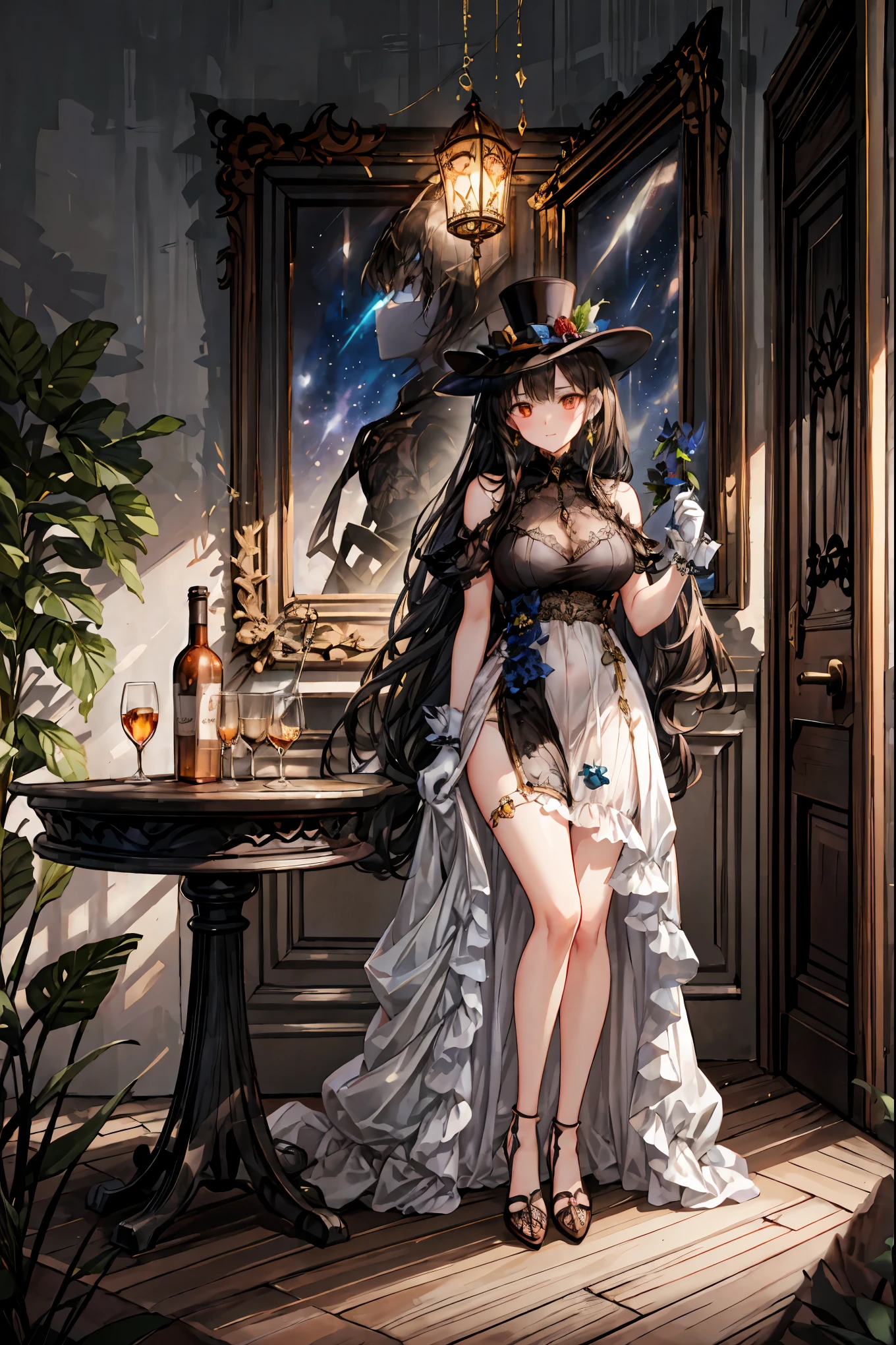 Midnight Auction,Midnight Auctioneer,Woman Who Hits a Hammer,Secrets That Can Be Auctioned,Auction House in the Dark,high resolution,Realistic,miniature painting,still life,photograph,HDR,High Key,perfect composition near the entrance,Superb Light and Dark,Luxurious colors、Dimly、heavy auction venue、while the moonlight shines in、participants wearing faceless masks、Wearing a top hat、mysterious auctioneer with white gloves standing at hand、That low voice is echoing、cursed antique jewels are placed on the table、participants are sitting like shadows。