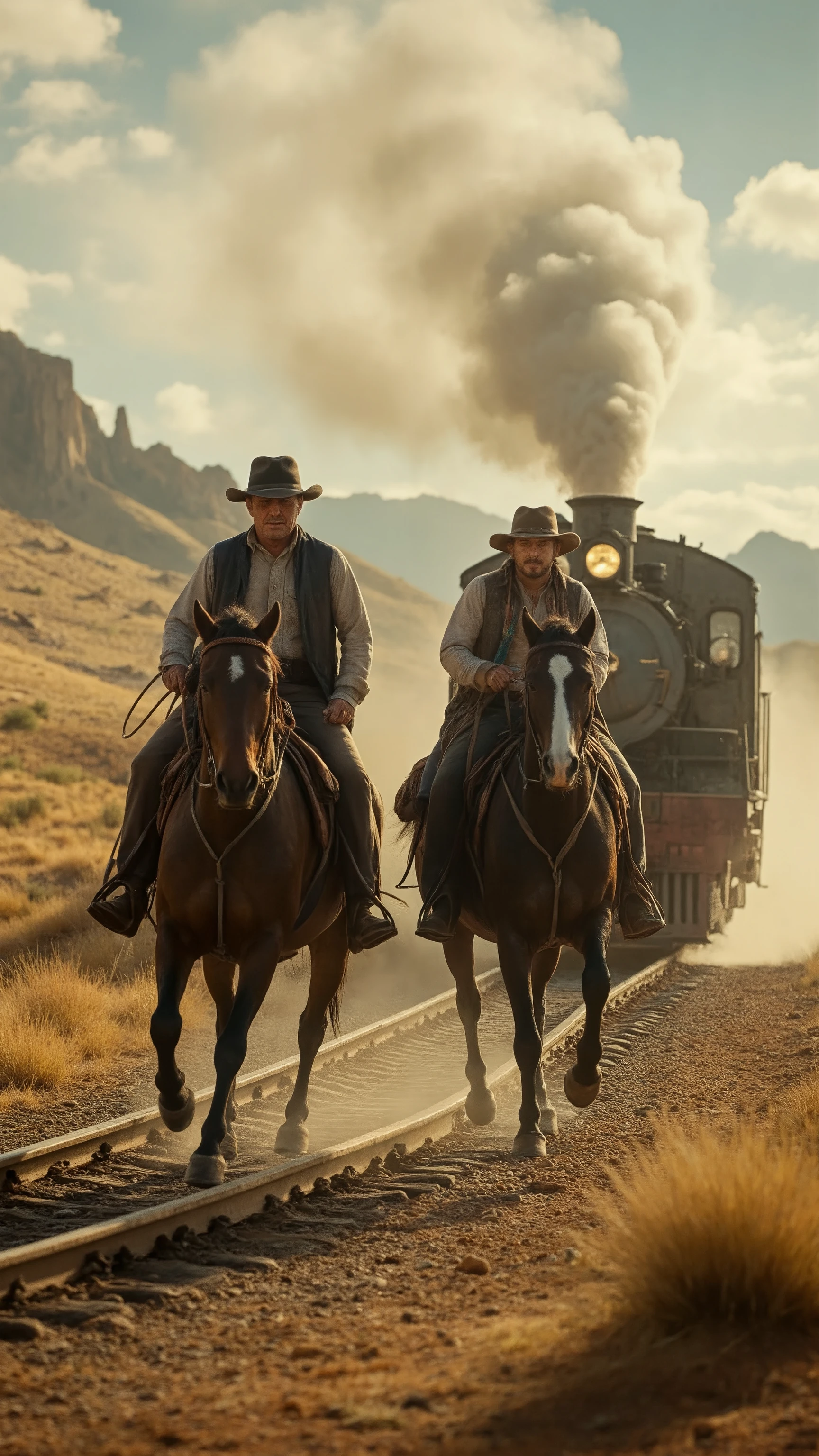 high-definition images、movie、Butch and Sundance、In the scene of a train robbery、two people trying to transfer from horse to steam locomotive in the scene of a train heist、