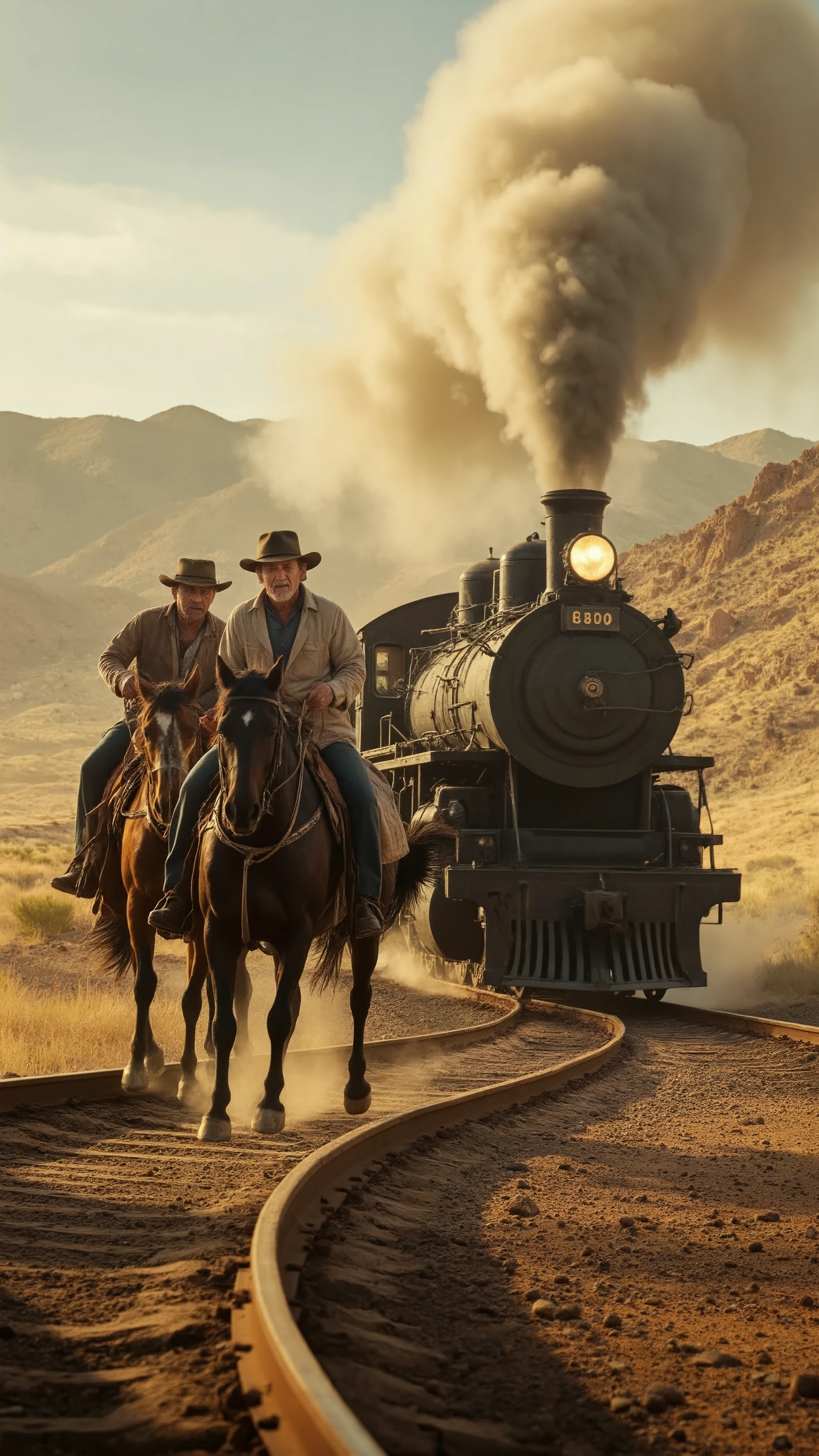 high-definition images、movie、Butch and Sundance、In the scene of a train robbery、two people trying to transfer from horse to steam locomotive in the scene of a train heist、