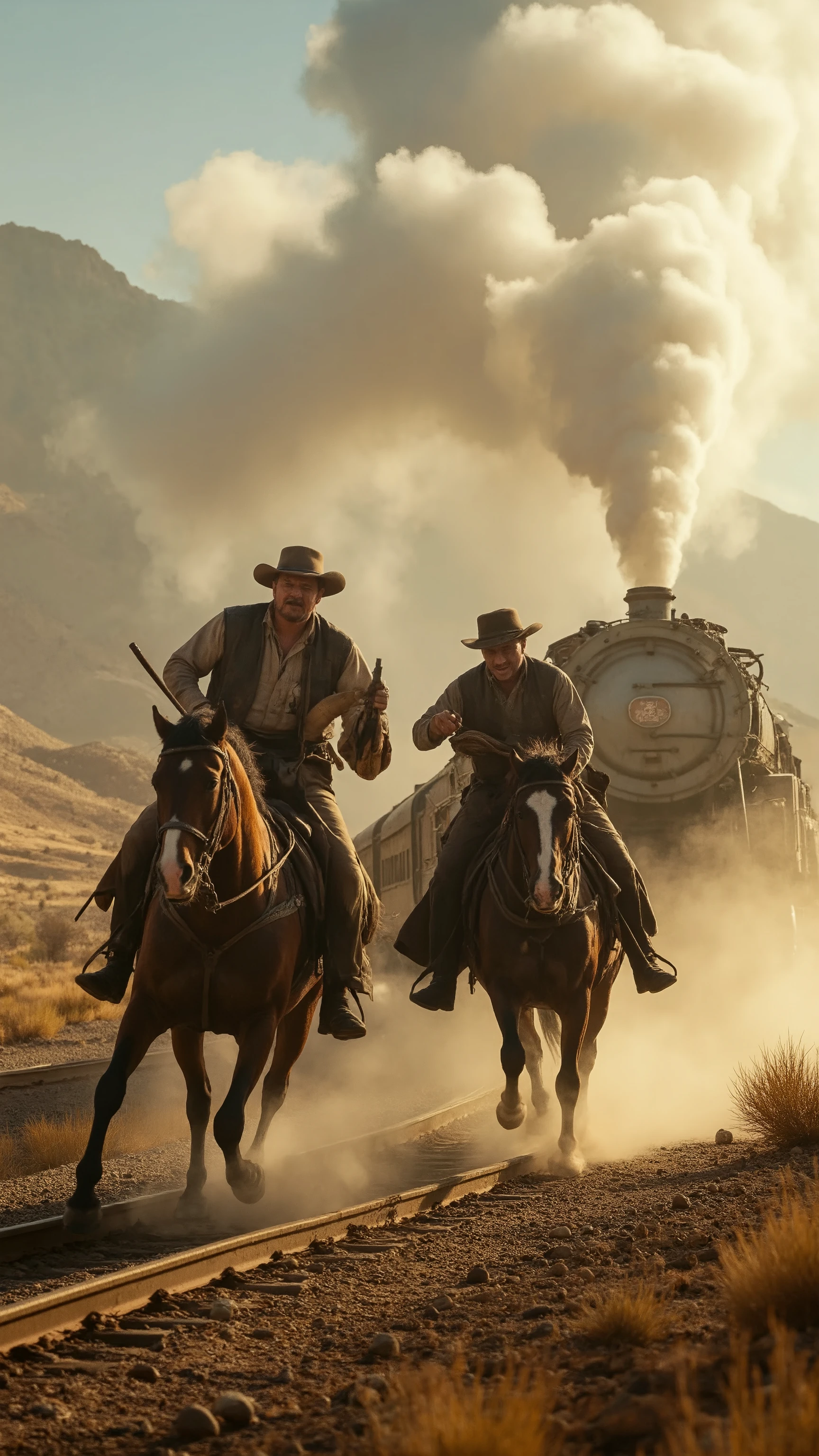 high-definition images、movie、Butch and Sundance、In the scene of a train robbery、two people trying to transfer from horse to steam locomotive in the scene of a train heist、