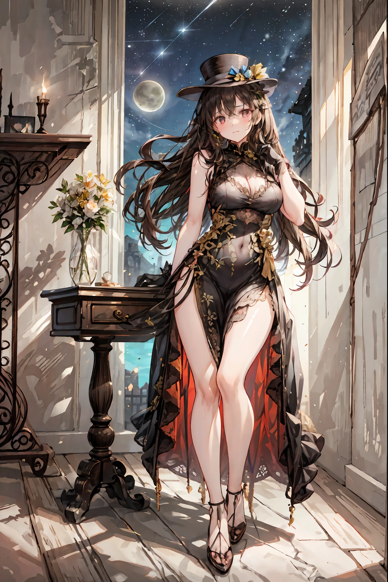 Midnight Auction,Midnight Auctioneer,Woman Who Hits a Hammer,Secrets That Can Be Auctioned,Auction House in the Dark,high resolution,Realistic,miniature painting,still life,photograph,HDR,High Key,perfect composition near the entrance,Superb Light and Dark,Luxurious colors、Dimly、heavy auction venue、while the moonlight shines in、meteor、空から降り注ぐmeteor、無数のmeteor群、participants wearing faceless masks、Wearing a top hat、mysterious auctioneer with white gloves standing at hand、That low voice is echoing、cursed antique jewels are placed on the table、participants are sitting like shadows。