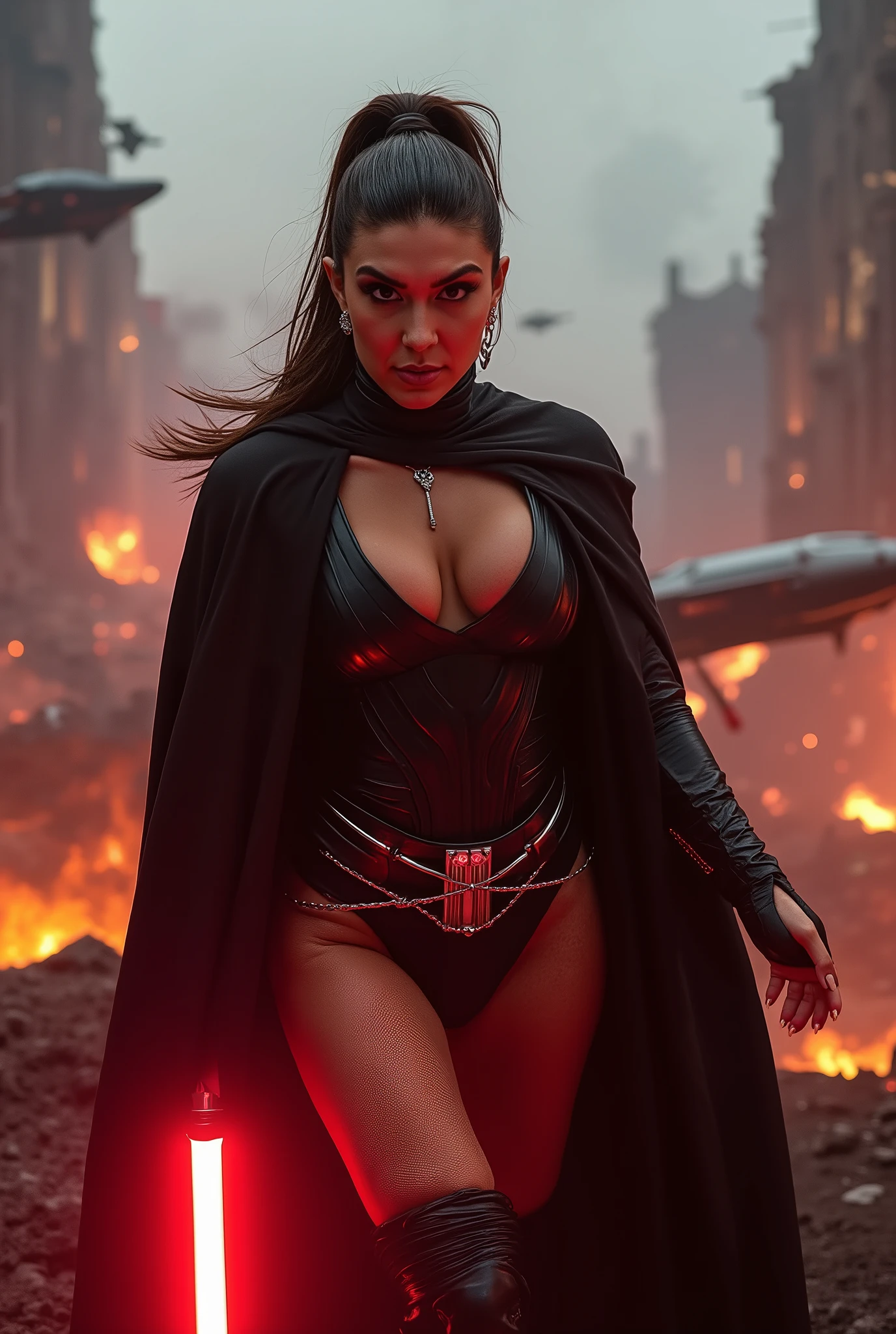 8K, HDR10+, sehr detailliert, Meisterwerk, full body shot in full life size. Natural pose in full frame, the entire body from head to toe is perfectly placed in the image section. dynamic battle scene of a terrifying Sith assassin, c@thyk3ll3y, chase through the ruins of a futuristic city and holds a glowing red lightsaber ready for battle. Go forward menacingly, followed by armed stormtroopers. Every gesture of her hand and every look reveals absolute control over her powers, makes her enemies tremble before the fight. the head slightly lowered, angry and determined look at the observer. her big and penetrating eyes, full intensity, convey an invincible confidence. Her face is illuminated red by the glow of her lightsaber. The long, brown hair swirls dramatically, high ponytail. she is wearing a black cape , including a black tight-fitting combat suit, that accentuates her figure in a graceful way. one-piece with deep neckline, symmetrical hip recesses and subtle ornaments and ornaments in silver. The hip area remains completely uncovered, filigree chain decorations decorate the exposed areas, while the rest of the body is tightly wrapped, to allow freedom of movement for quick and acrobatic attacks. On the long legs black leather boots, that reaches below the knees. In the background a burning battlefield with ruins of a futuristic city backdrop, glowing coals, floating in the air. Spaceships fly around in the sky. Cineastischer Look, gloomy science fiction atmosphere. Dramatic low-key lighting, starke Kontraste.
