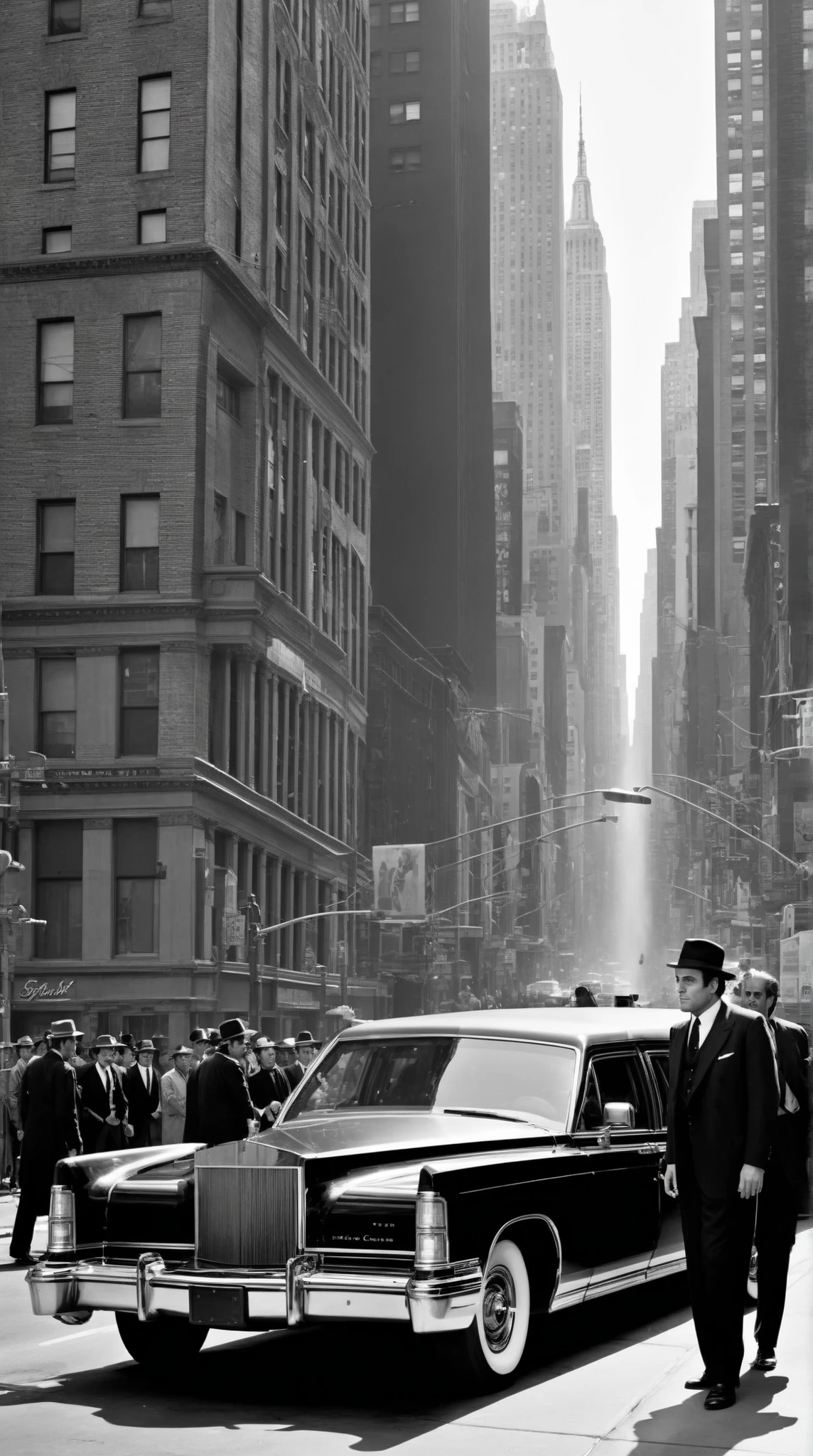 high-definition images、 black and white image、New York 5th Street 、Corleone riding a Lincoln limo、