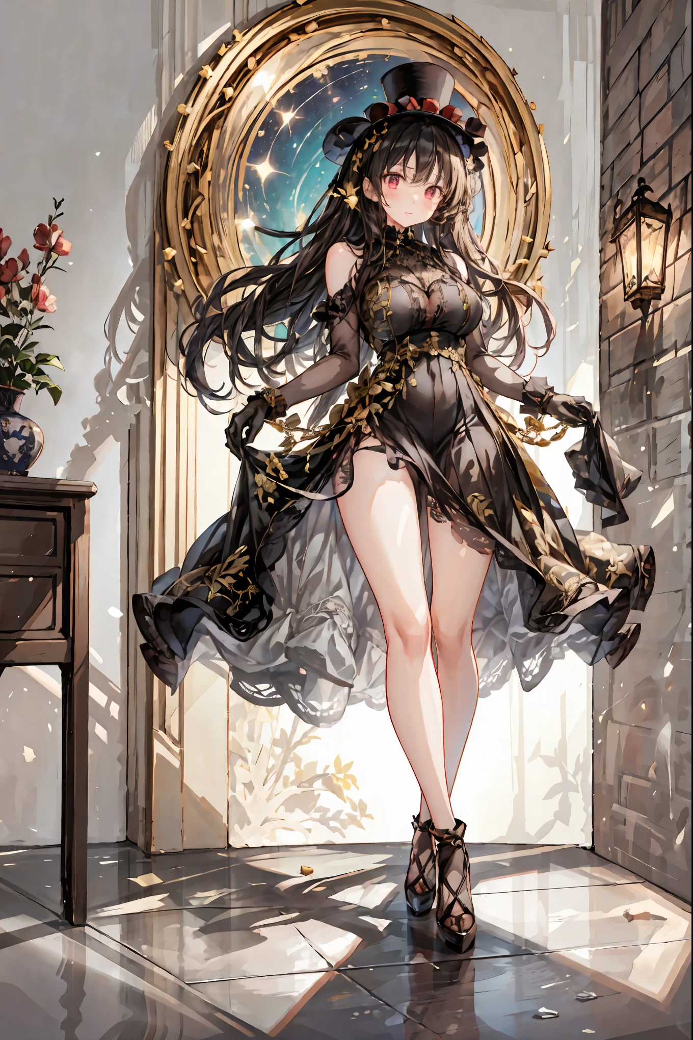 Midnight Auction,Midnight Auctioneer,Woman Who Hits a Hammer,Secrets That Can Be Auctioned,Auction House in the Dark,high resolution,Realistic,miniature painting,still life,photograph,HDR,High Key,perfect composition near the entrance,Superb Light and Dark,Luxurious colors、Dimly、heavy auction venue、while the moonlight shines in、meteor、空から降り注ぐmeteor、無数のmeteor群、participants wearing faceless masks、Wearing a top hat、mysterious auctioneer with white gloves standing at hand、That low voice is echoing、cursed antique jewels are placed on the table、participants are sitting like shadows。