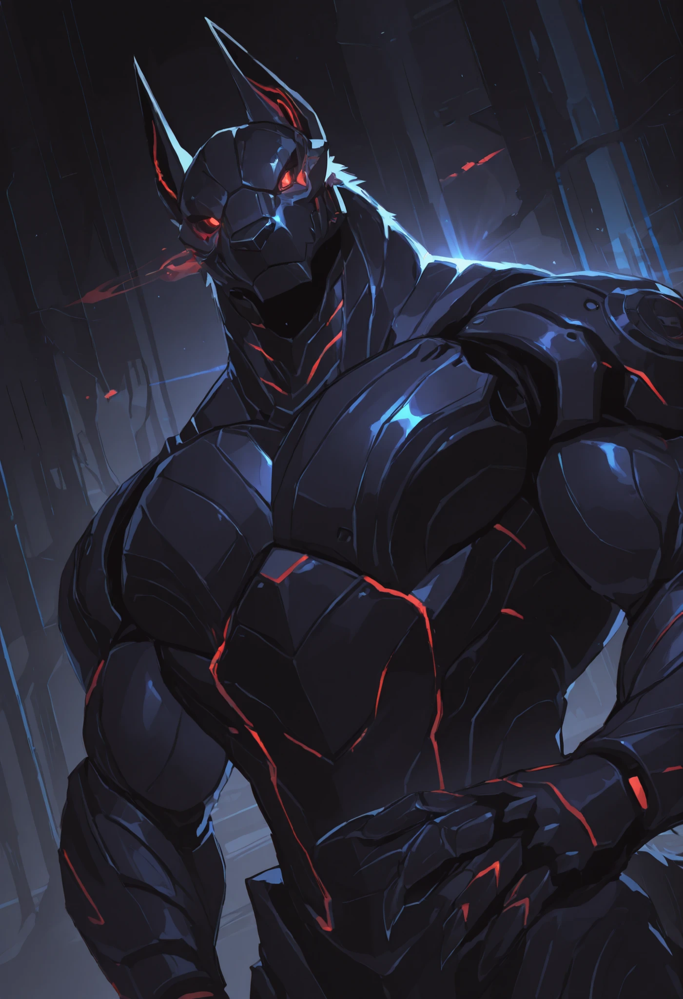 score_9, score_8_up, score_7_up, score_6_up, score_5_up, score_4_up, gigerworld, anthro jackal, wearing black waistcoat over heavy armor, bulky, wide chest
cybrog, anthro, jackal, male, Muscle, Delicate face, Delicate eyes, 1 big tail, (glowing LED), rubber goo body, crimson glowing eyes, black steel scales, black and evil armor, futuristic fantasy evil armor, heavy armor, snout-cover armored mask, faceless head, balanced physique, muscle-shaped armor, war machine, muscular physique, thick arms and legs, claws, warframe, cyborg, hands behind

dnd, powerful pose, levitating, advanced and stylish design, dutch angle, portrait, upper body focus, detailed background, newest, extremely detailed CG unity 8k wallpaper, realistic, masterpiece, highest quality, masterpiece, highest quality, lens flare, unreal engine, trending on ArtStation, Intricate, High Detail, dramatic, beautiful and detailed lighting, shadows