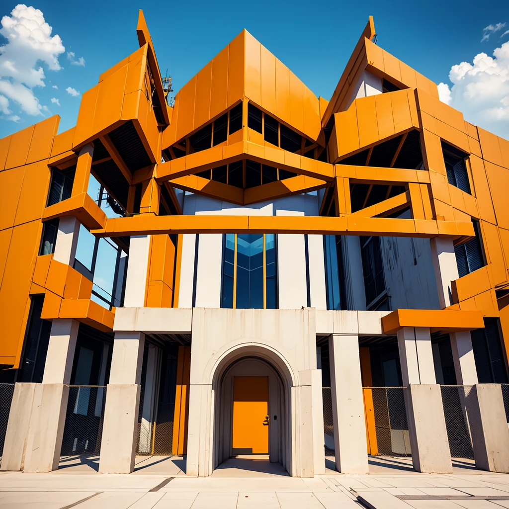 yellow building with a large arched window and a yellow door, reykjavik junior college, danube school, fzd school of design, modern technology building, post modern architecture, magnificent design, geometrical masterpiece, frontview, florentine school, unique architecture, unique architecture!, building facing, exterior view, outside view, masterpiece work of art