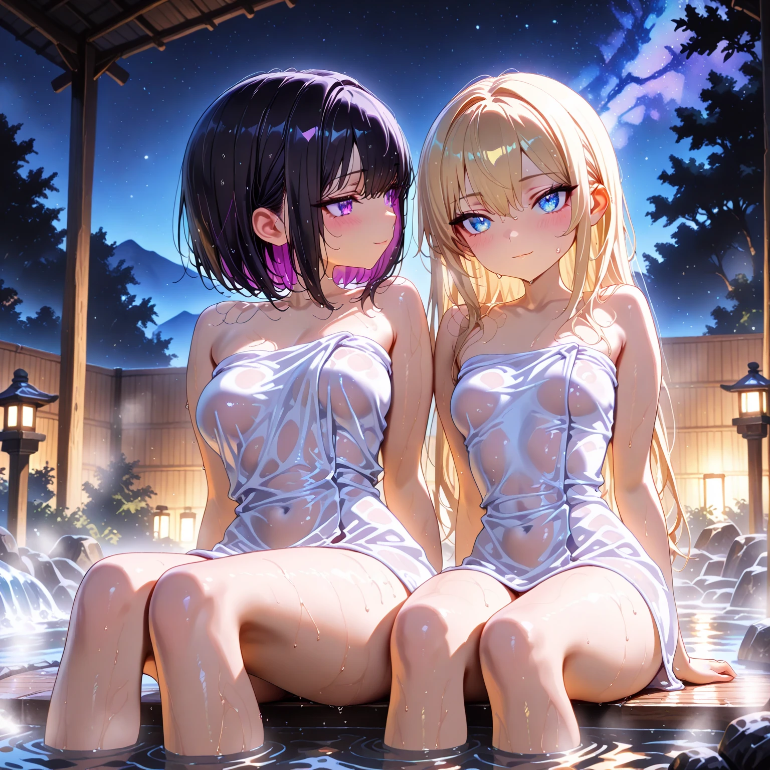 2girl, ???????, moon, lantern, night, duo, ?????????????, hair ornament, wet, ?????, wading, water, hair flower, flower, outdoors, sky, full moon, rain, black hair, off shoulder, mountain, cloud, holding, ???? shoulders, paper lantern, standing, night sky, sideboob, obi, wet ?????, bangs, tree, from side, reflection, short hair, cloudy sky, wet hair (((masterpiece),(extremely detailed CG unity 8k wallpaper),best quality,,solo,1girl,cinematic lighting,detailed background,beautiful detailed eyes,bright pupils, (an extremely delicate and beautiful),(Beautiful and detailed eye description)， ultra-detailed,masterpiece,)),2girl, elf, ???????, moon, lantern, night, duo, very small ???????, hair ornament, wet, ?????, wading, water, hair flower, flower, pink flower petals floating on water, outdoors, sky, full moon, rain, pink hair, mountain, cloud, holding, side boob, ???? shoulders, paper lantern, standing, night sky, wet ?????, visible ???????, ??????????, bangs, tree, from side, reflection, long hair, cloudy sky, wet hair (((masterpiece),(extremely detailed CG unity 8k wallpaper),best quality,solo,1girl,cinematic lighting,detailed background,beautiful detailed eyes,bright pupils, (an extremely delicate and beautiful),(Beautiful and detailed eye description)， ultra-detailed,masterpiece,)),
