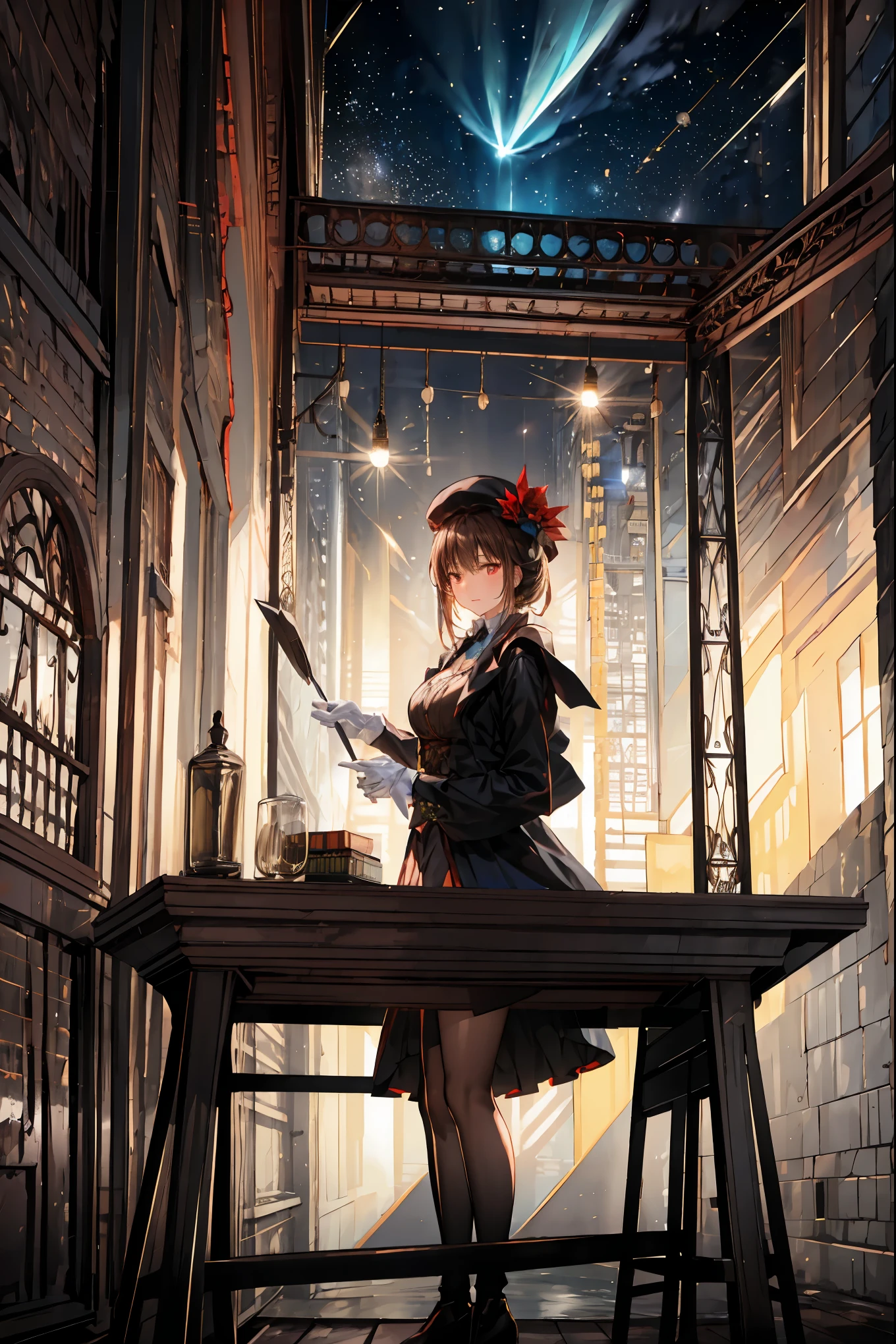 Midnight Auction,Midnight Auctioneer,Auction Hammer、Woman Who Hits a Hammer,Secrets That Can Be Auctioned,Auction House in the Dark,high resolution,Realistic,miniature painting,still life,photograph,HDR,High Key,perfect composition near the entrance,Superb Light and Dark,Luxurious colors、Dimly、heavy auction venue、while the moonlight shines in、meteor、空から降り注ぐmeteor、無数のmeteor群、on a stage bathed in the spotlight、There is a mysterious auctioneer wearing a silk hat and white gloves at hand、A mysterious auctioneer is standing、That low voice is echoing、diamonds、cursed antique jewels are placed on the table、participants are sitting like shadows。