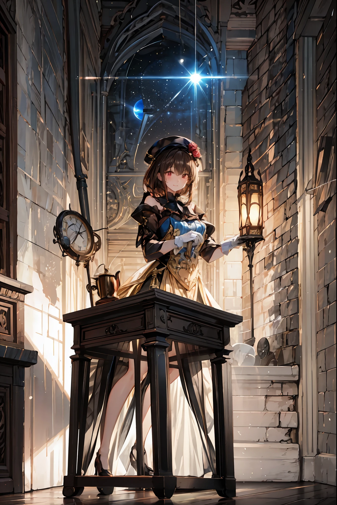 Midnight Auction,Midnight Auctioneer,Auction Hammer、Woman Who Hits a Hammer,Secrets That Can Be Auctioned,Auction House in the Dark,high resolution,Realistic,miniature painting,still life,photograph,HDR,High Key,perfect composition near the entrance,Superb Light and Dark,Luxurious colors、Dimly、heavy auction venue、while the moonlight shines in、meteor、空から降り注ぐmeteor、無数のmeteor群、on a stage bathed in the spotlight、There is a mysterious auctioneer wearing a silk hat and white gloves at hand、A mysterious auctioneer is standing、That low voice is echoing、diamonds、cursed antique jewels are placed on the table、participants are sitting like shadows。