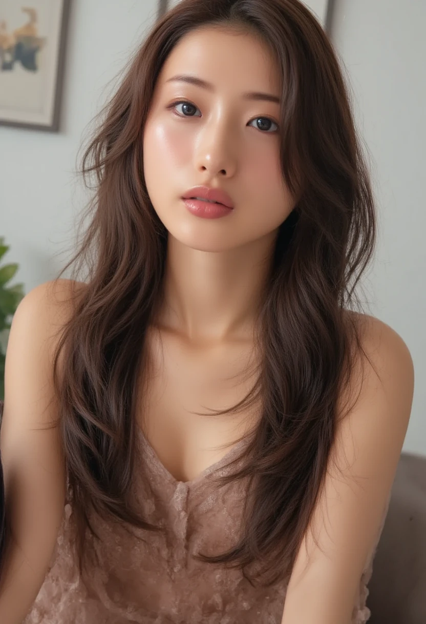 araffe asian woman laying in bed with white sheets and a pink top, ulzzang, gorgeous young korean woman, korean girl, beautiful young korean woman, beautiful south korean woman, long hair with full bangs, long hair with bangs, young adorable korean face, brown long hair with bangs, neat hair with bangs, popular south korean makeup