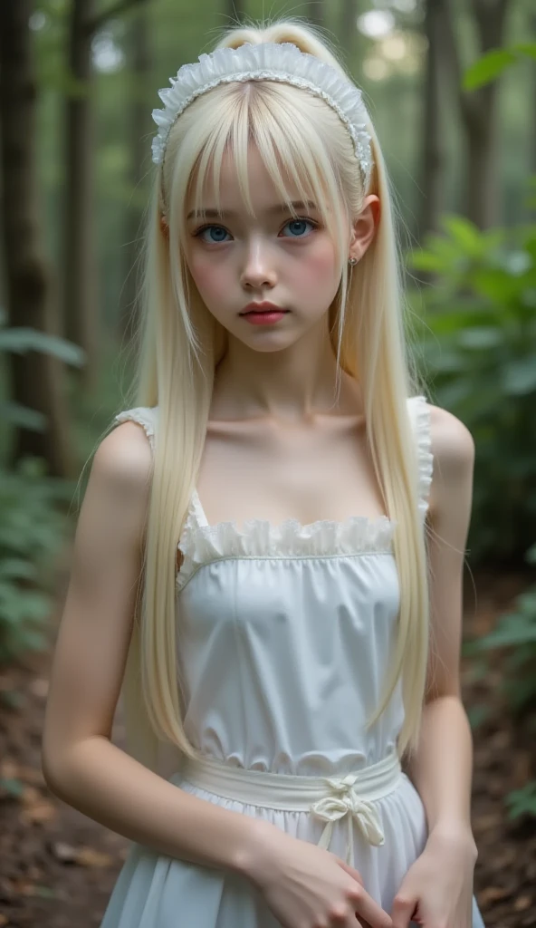 masutepiece, Best Quality, 8K, 1girl in, young lady, flat chest, Raw photo, Professional Photography, Portrait, Soft light, Professional Lighting, Solo, Smile,  Body, Full Size, Cute, Girly, Goddess, Delicate girl, Neat and clean beauty, Digital SLR, Looking away, Candid, Sophisticated, Film grain, (Eyes and faces with detailed:1.0), Long blonde hair swaying in the wind, Bangs, Fully , , , , No , No Garments, , Hands Behind Head