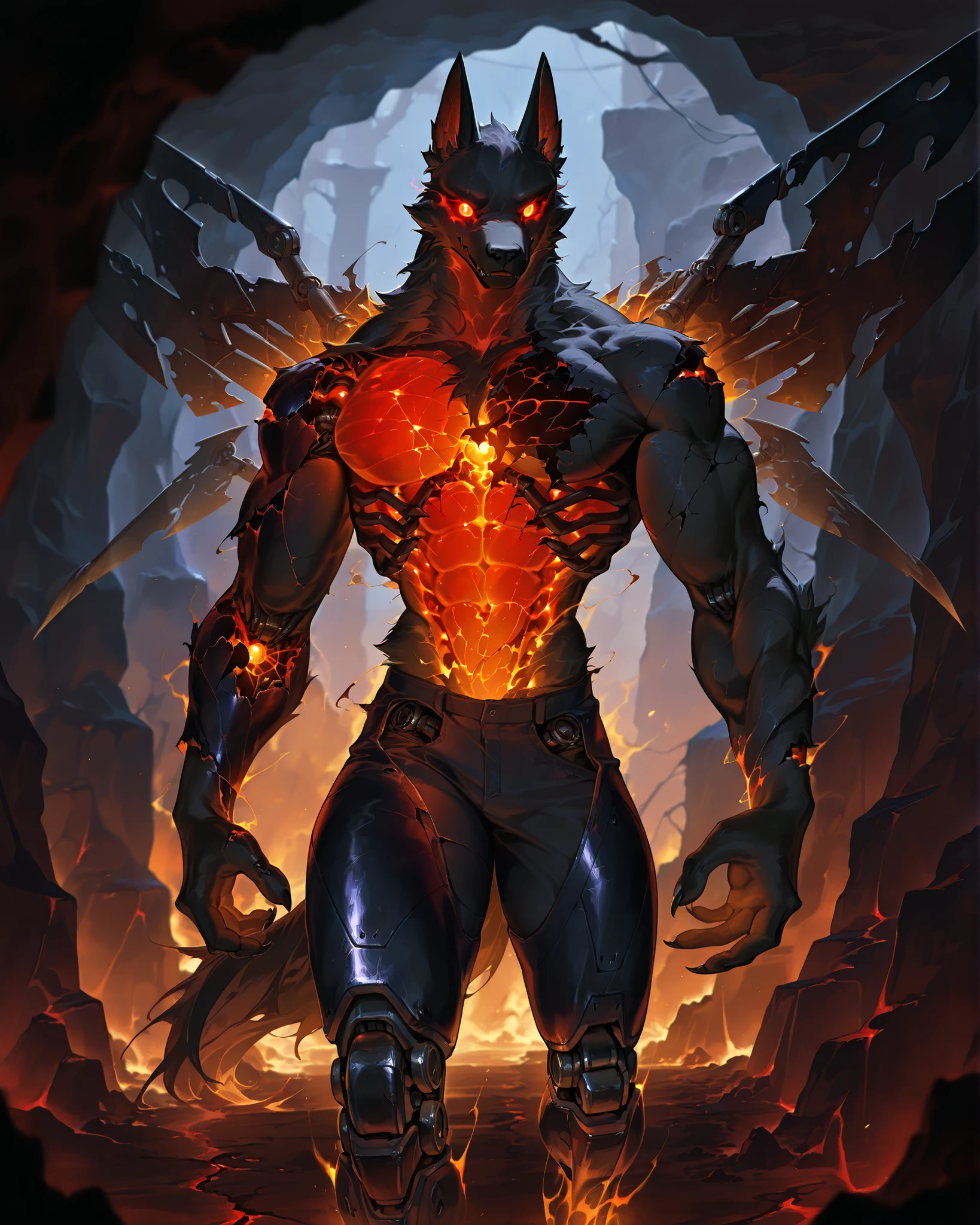 Best Quality, masterpiece, Ultra High Resolution, Detailed Background, (furry male), ( Black Cerberus furry ), metalic body, demonic, underground cave scenery, red glowing eyes, two pair of eyes, Anubis, muscle, (cracked belly:1.2, cracked arms:1.2), cracked chest, solo, male, infernal runes, with black fur, steel ribs, mechanical body, armored legs, metal claws, 4 robotic wings, perfect proportion, good anatomy, perfect anatomy