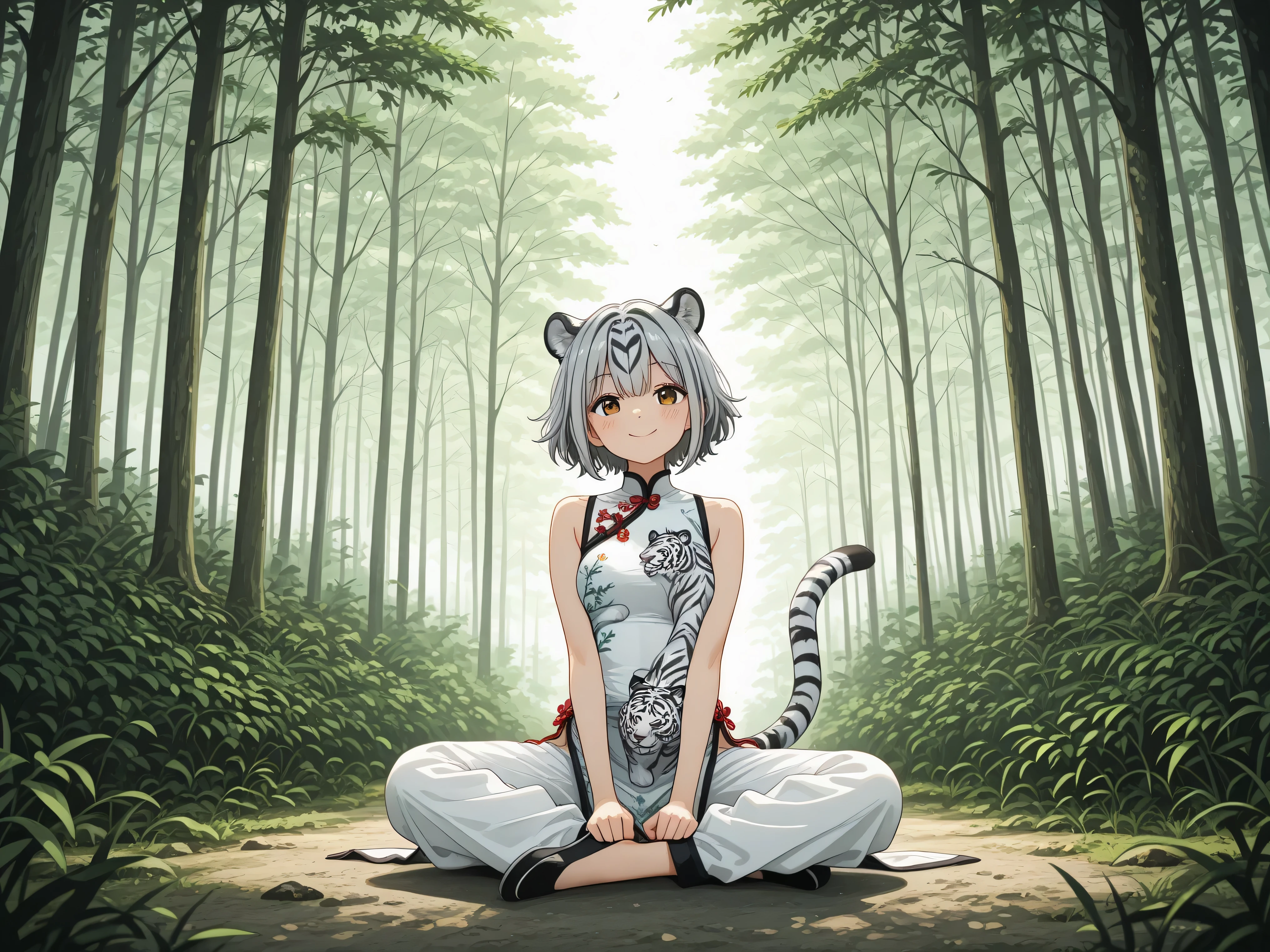 1 woman,gray hair,Short Hair,Tiger Personalization,Chinese Style Dress ,wearing long white pants,Smile,forest,Clear Day,is in pose,High Quality,4K,Details Precise,HDR,Professional