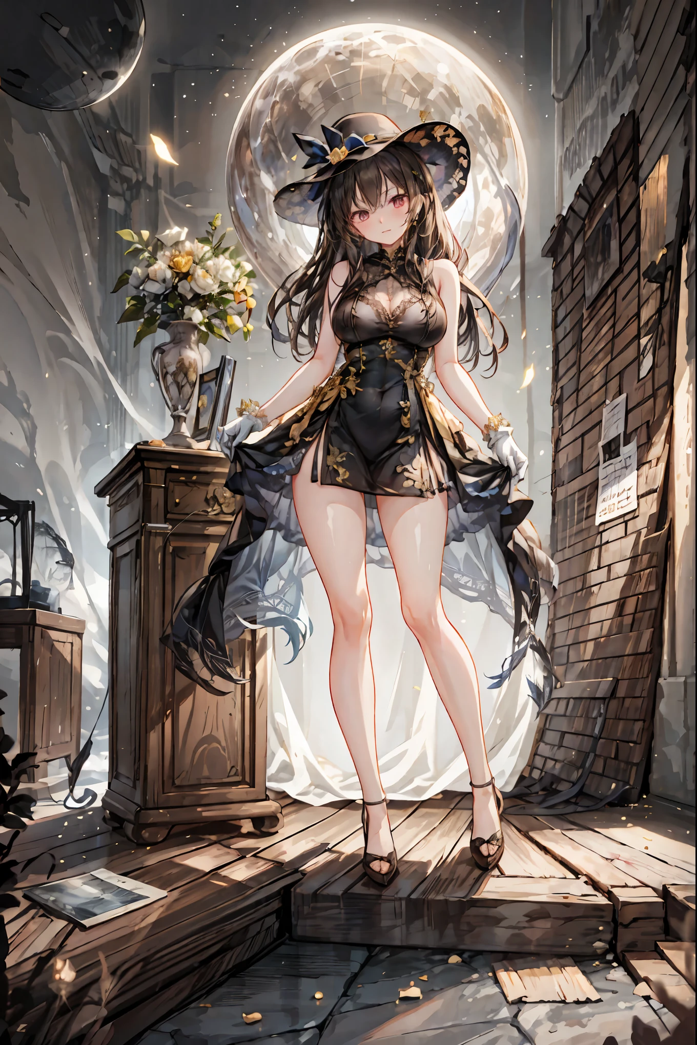 Midnight Auction,Midnight Auctioneer,Auction Hammer、Woman Who Hits a Hammer,Secrets That Can Be Auctioned,Auction House in the Dark,high resolution,Realistic,miniature painting,still life,photograph,HDR,High Key,perfect composition near the entrance,Superb Light and Dark,Luxurious colors、Dimly、heavy auction venue、while the moonlight shines in、meteor、空から降り注ぐmeteor、無数のmeteor群、on a stage bathed in the spotlight、There is a mysterious auctioneer wearing a silk hat and white gloves at hand、A mysterious auctioneer is standing、That low voice is echoing、diamonds、cursed antique jewels are placed on the table、participants are sitting like shadows。