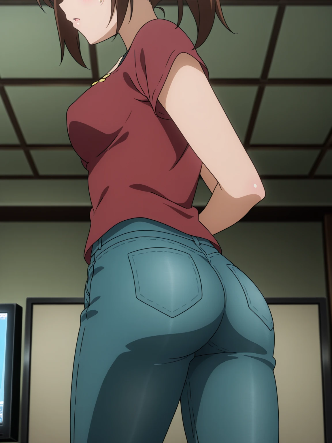 score_9_up, score_8_up, score_7_up, <lora:Batgirl_-_Killing_Joke_PDXL:1>,barbara gordon, ginger hair, long hair, glasses, tank top, white , sweat, steaming body, ,  freckles, , , indoors, solo, best quality, high quality