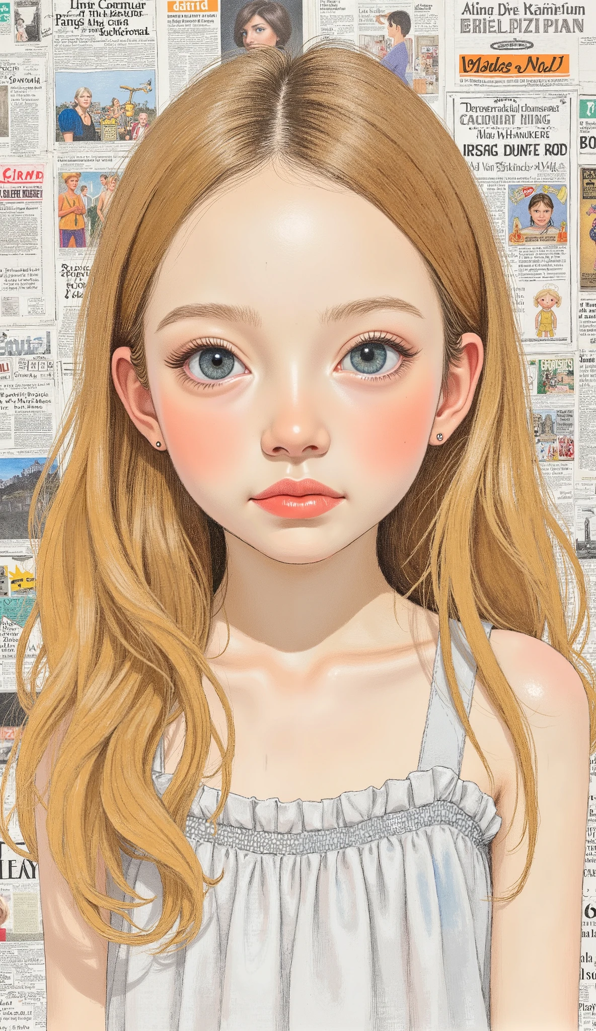 Sketched, watercolor, Picasso and Robert Delaunay collage, cubism, overview, cute girl, Big clear blue eyes , Little red cheeks, long blond hair, Face-centered, in the background of newspapers and magazines , Intricate brushstrokes, high image quality, a breathtaking masterpiece