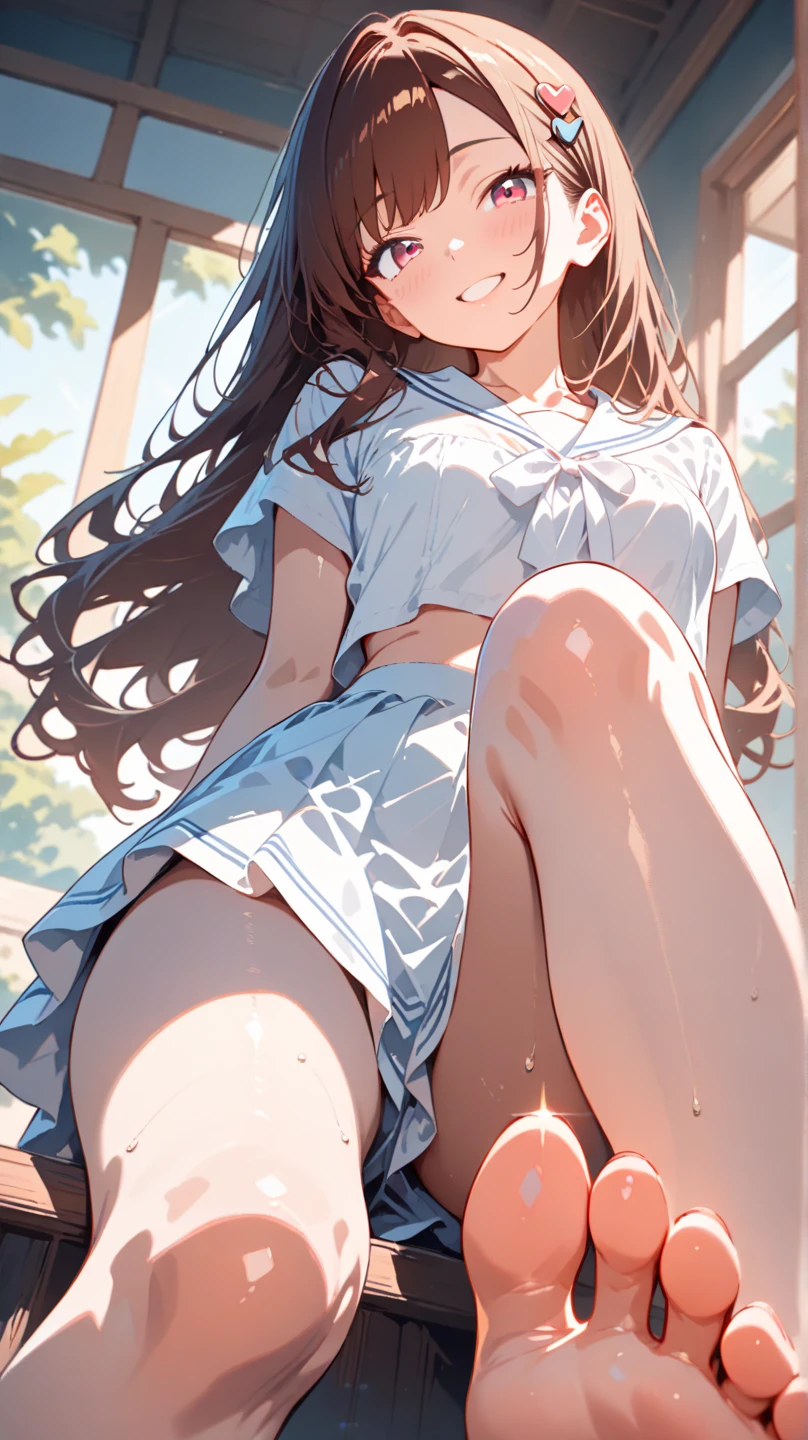 (highest resolution, distinct_image) best quality, woman, masterpiece, highly detailed, semi-realistic, 21 years old, cute, young, beautiful, interior, modern bedroom, window, wake up, morning, blush, thick thighs, wide , thin waist, tall, coral, (sweat: 1.2), (wet), , blush, wear shorts, shorts, yoga pants, denim shorts, short skirt