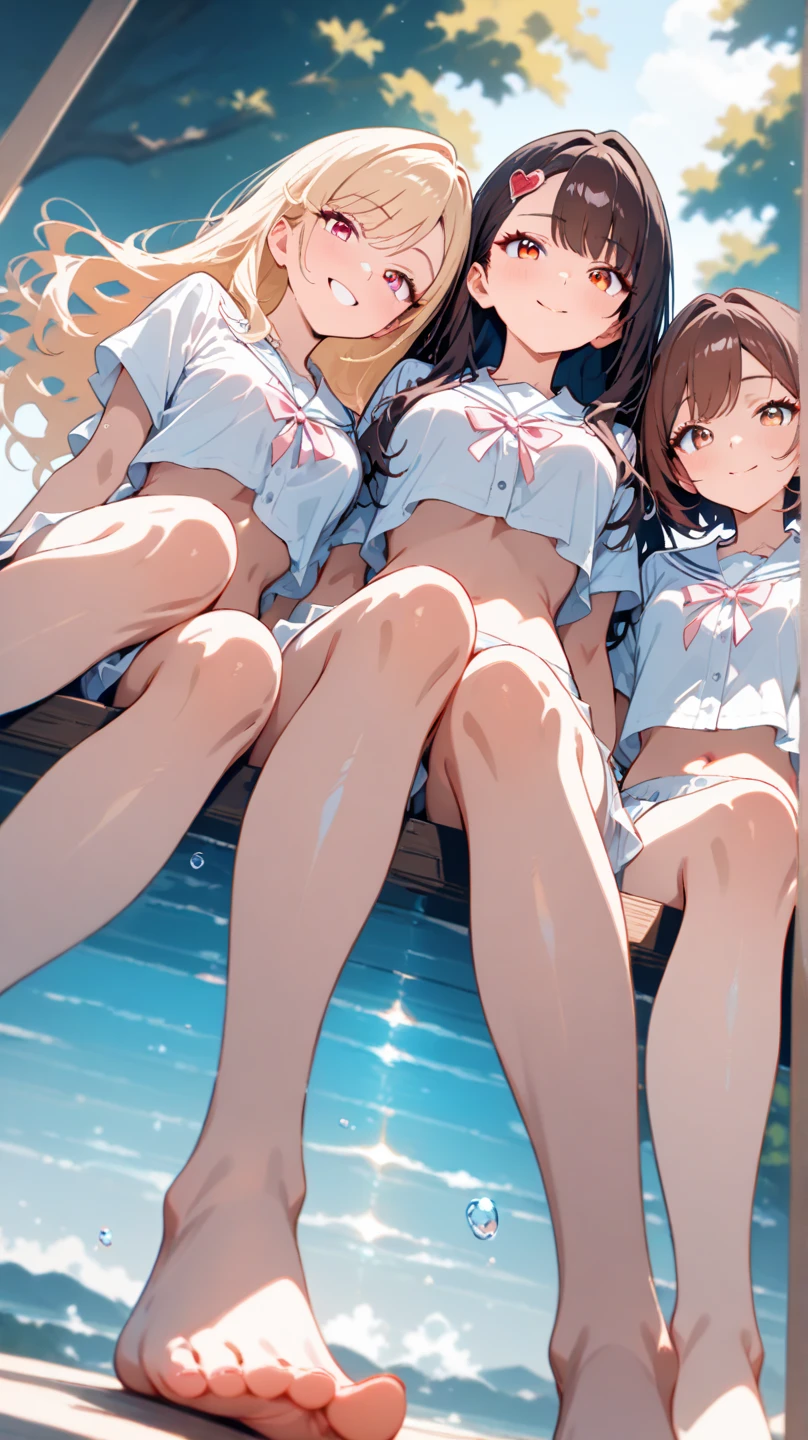 Super detailed, best quality, High resolution, Moe anime, ((((Three cute little girls with black hair hug each other)))), ((He wears large glasses with round, thin frames.)), (baby face), ((Big eyes:1.5, drooping eyes:1.2)), dark blue eyes, cute eyes, detailed eye description, brilliance of eyes, view audience, pale skin, ((())), ????, focus on the face, ((bust shot)), ((????? white lace bra, White lace panties)), Navel exposed, ???? shoulders, Skirt-lift, Shirt-lift, ((flat ?????)), at the pool, From the back