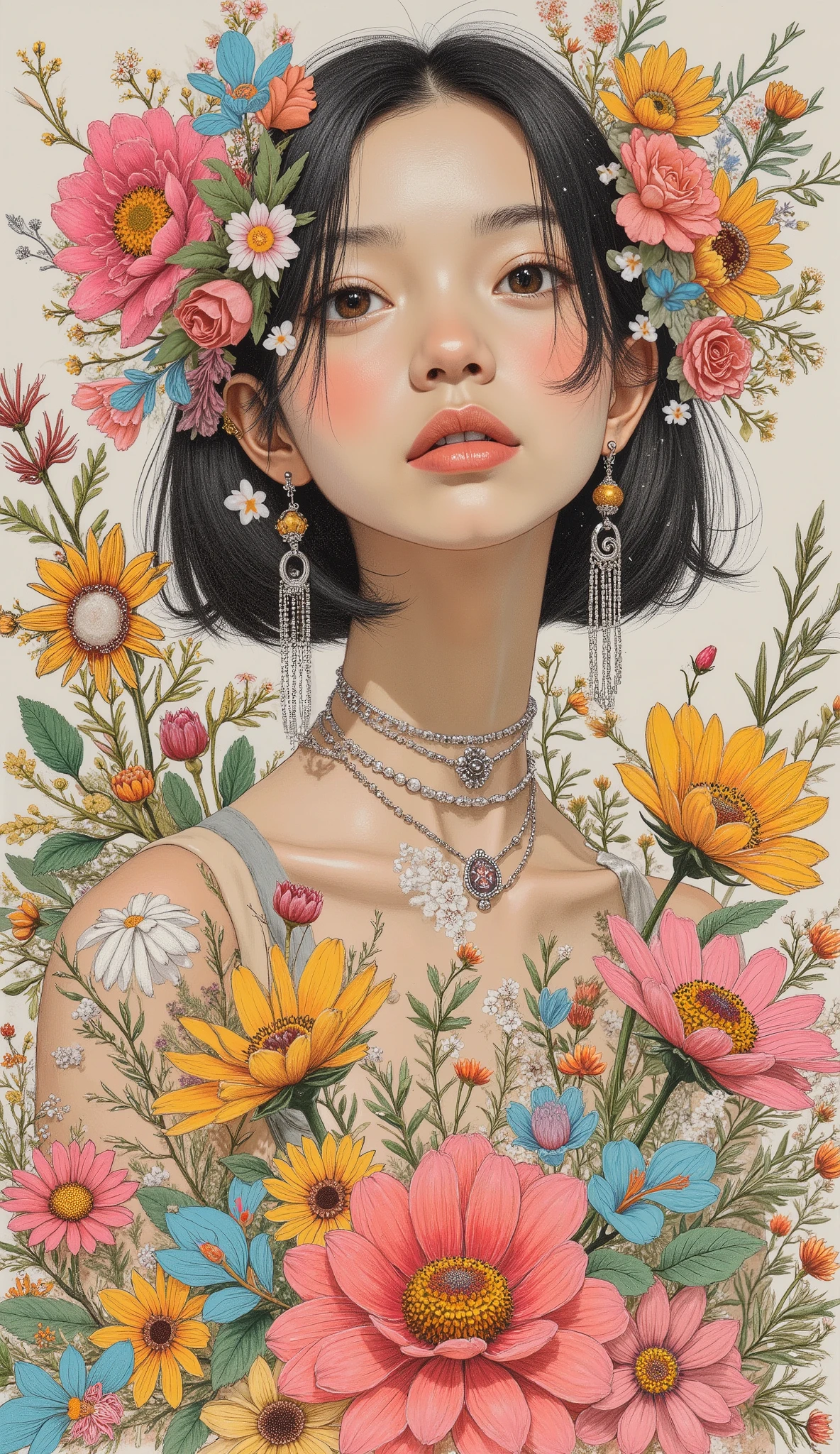 hyperrealistic retro collage art composed of vintage magazine clippings, Chaotic and rebellious composition, texture of torn paper, Bold pop colour, Absurd juxtaposition, Nostalgic aesthetic. Amidst vibrant scenes、a black and white photograph of a beautiful Filipino Korean woman is hidden — subtly integrated, Fragmented and partially hidden, Standing amidst chaos. At first glance, Unobtrusive, but、Clearly revealed upon closer inspection. Evoking mystery and contrast, Blending nostalgia and quiet rebelliousness.