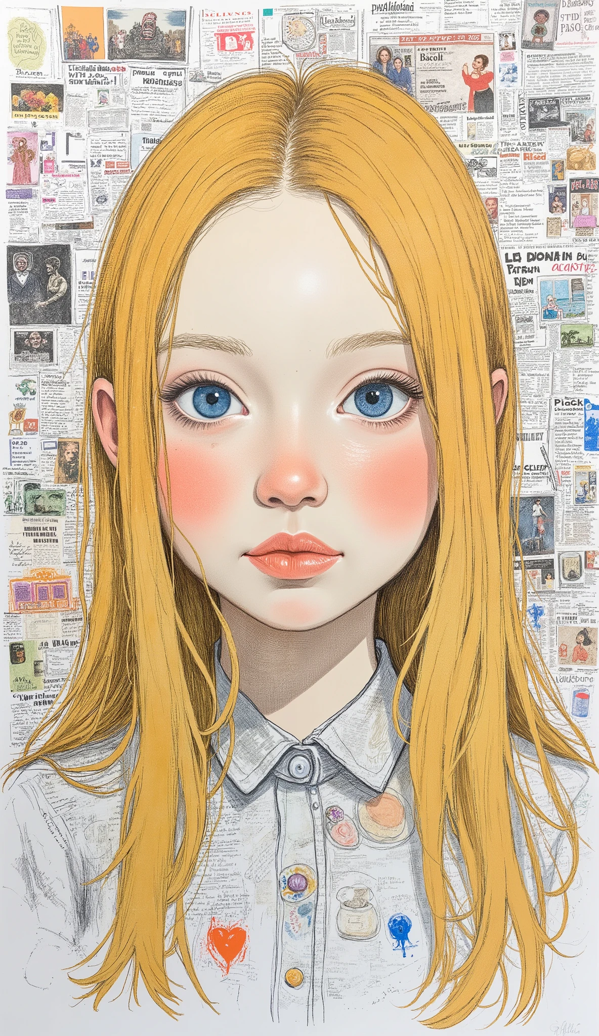 Sketched, watercolor, Picasso and Robert Delaunay collage, cubism, overview, cute girl, Big clear blue eyes , Little red cheeks, long blond hair, Face-centered, in the background of newspapers and magazines , Intricate brushstrokes, high image quality, a breathtaking masterpiece
