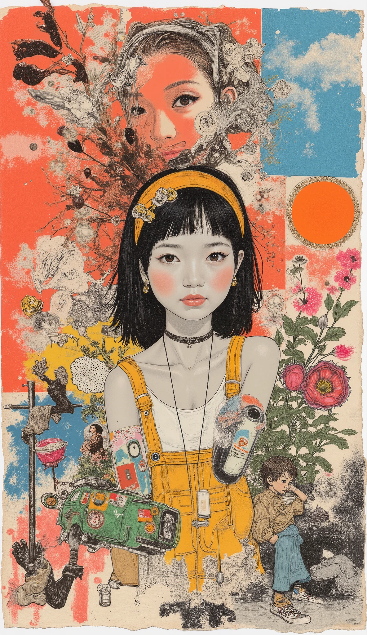 hyperrealistic retro collage art composed of vintage magazine clippings, Chaotic and rebellious composition, texture of torn paper, Bold pop colour, Absurd juxtaposition, Nostalgic aesthetic. Amidst vibrant scenes、a black and white photograph of a beautiful Filipino Korean woman is hidden — subtly integrated, Fragmented and partially hidden, Standing amidst chaos. At first glance, Unobtrusive, but、Clearly revealed upon closer inspection. Evoking mystery and contrast, Blending nostalgia and quiet rebelliousness.