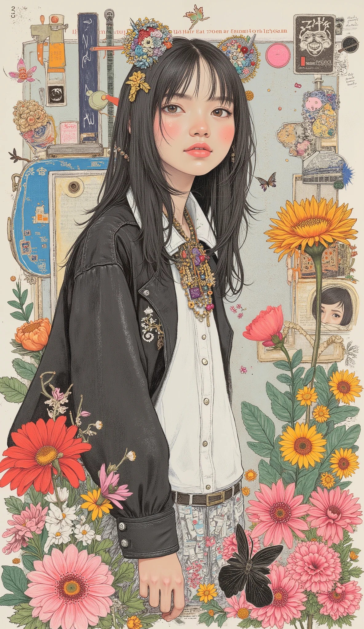 Elegant and attractive Korean goth girl, hyperrealistic retro collage art composed of vintage magazine clippings, Chaotic and rebellious composition, texture of torn paper, Bold pop colour, Absurd juxtaposition, Nostalgic aesthetic. Amidst vibrant scenes、Irish-Korean goth woman casually blends in in black and white outfit, Fragmented and partially hidden, Standing amidst chaos. At first glance, Unobtrusive, but、Clearly revealed upon closer inspection. Evoking mystery and contrast, Blending nostalgia and quiet rebelliousness.