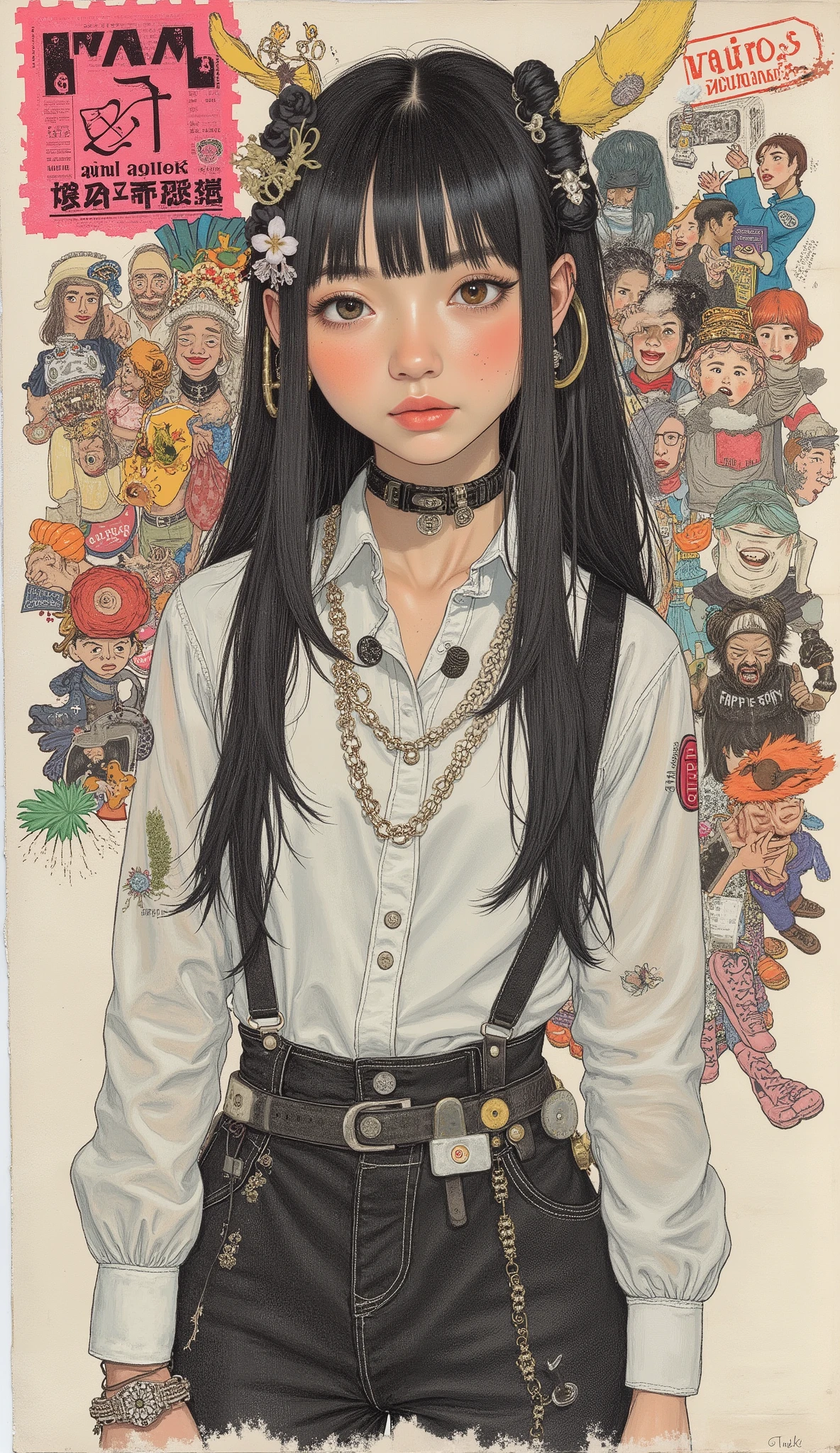 Elegant and attractive Korean goth girl, hyperrealistic retro collage art composed of vintage magazine clippings, Chaotic and rebellious composition, texture of torn paper, Bold pop colour, Absurd juxtaposition, Nostalgic aesthetic. Amidst vibrant scenes、Irish-Korean goth woman casually blends in in black and white outfit, Fragmented and partially hidden, Standing amidst chaos. At first glance, Unobtrusive, but、Clearly revealed upon closer inspection. Evoking mystery and contrast, Blending nostalgia and quiet rebelliousness.