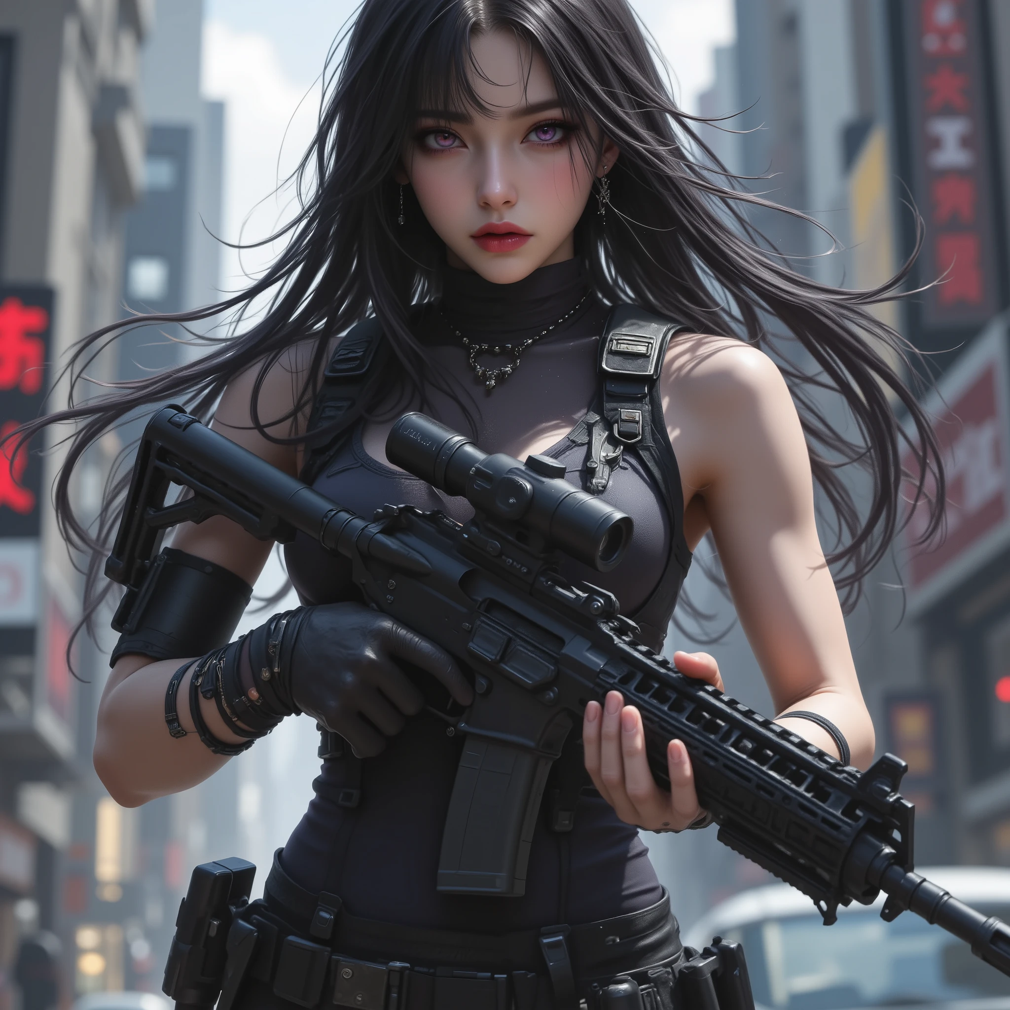 Photorealistic、Realistic Skin Textures、gun、extremely tight cyberpunk suit、beautiful long hair、dim cyberpunk city、Beautiful Thin Violet Eyes、Black hair with slightly purple tips、gun撃戦、Run at full speed with an assault rifle from behind a destroyed car