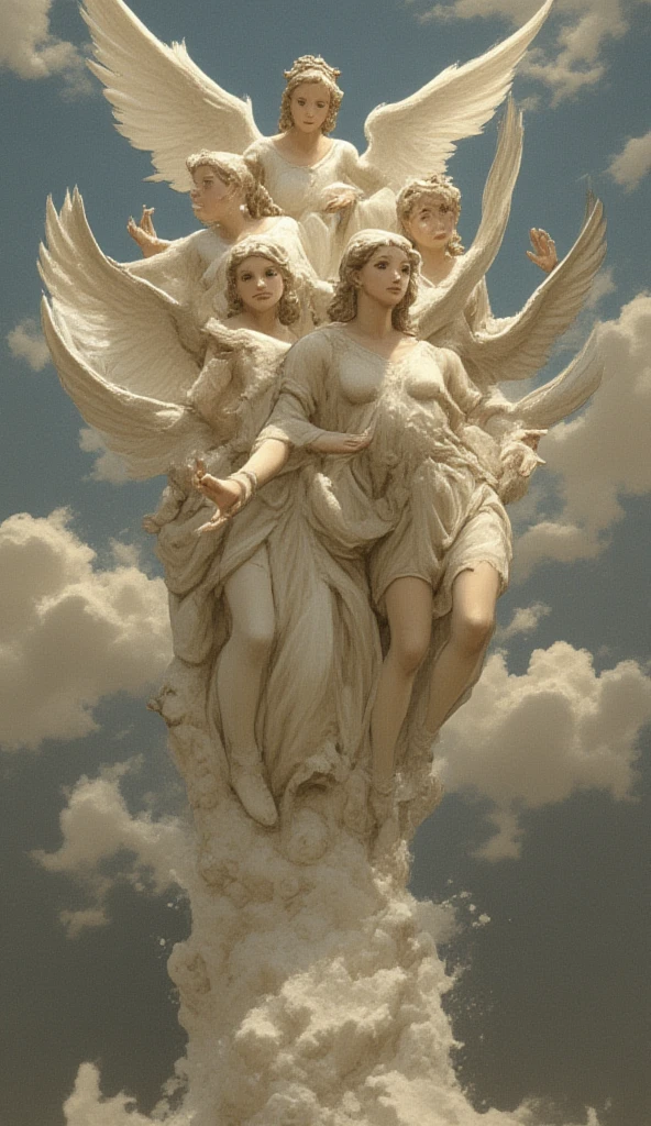 expressive caravaggio painting; many womans angels; they fighting each other at sky; from a lower point of view; a lot of detail; realistic; they trying to bring down each one; really beautiful womens from different hair colors