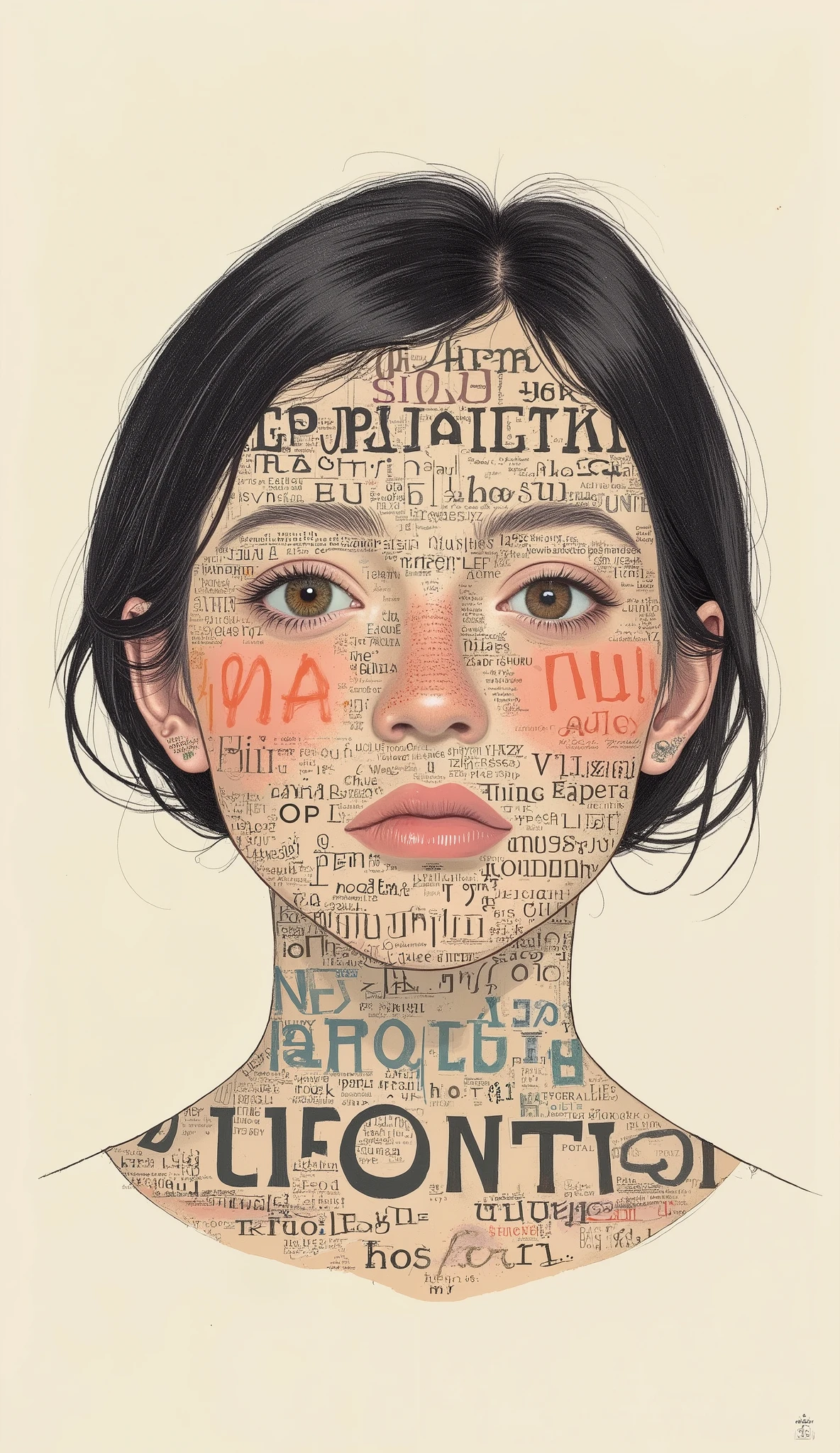 font portraits: conveying emotional states through characters. portraits using words: conveying emotions through font configuration. using characters, to reproduce portraits of people, graph, number. using different fonts, Dimensions , Color and text structure, creative approaches to text and arrangement are welcome Yes {x} It is necessary to convey the emotional state and facial features of the person depicted. The challenge is to create a font structure、using letters and letters. using an Illustrator program