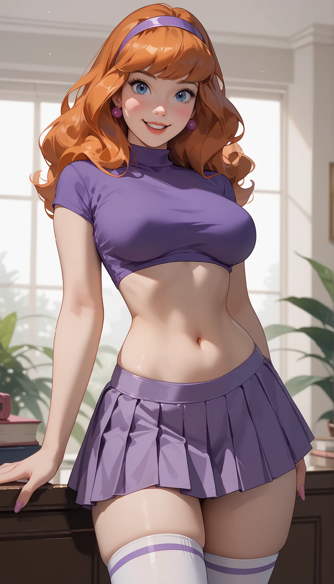 1 girl, (20 years old) Daphne Blake, (blue eyes:1.1), body voluptuos ,orange hair, large hair, Blush, (young), (cute), perfect body, (curvy), (big breasts), (thick thighs), slim waist
,
purple tube top, pleated skirt, purple micro skirt, midriff, white knee-high socks
,
standing, legs apart, smiling, medium shot, looking at viewer