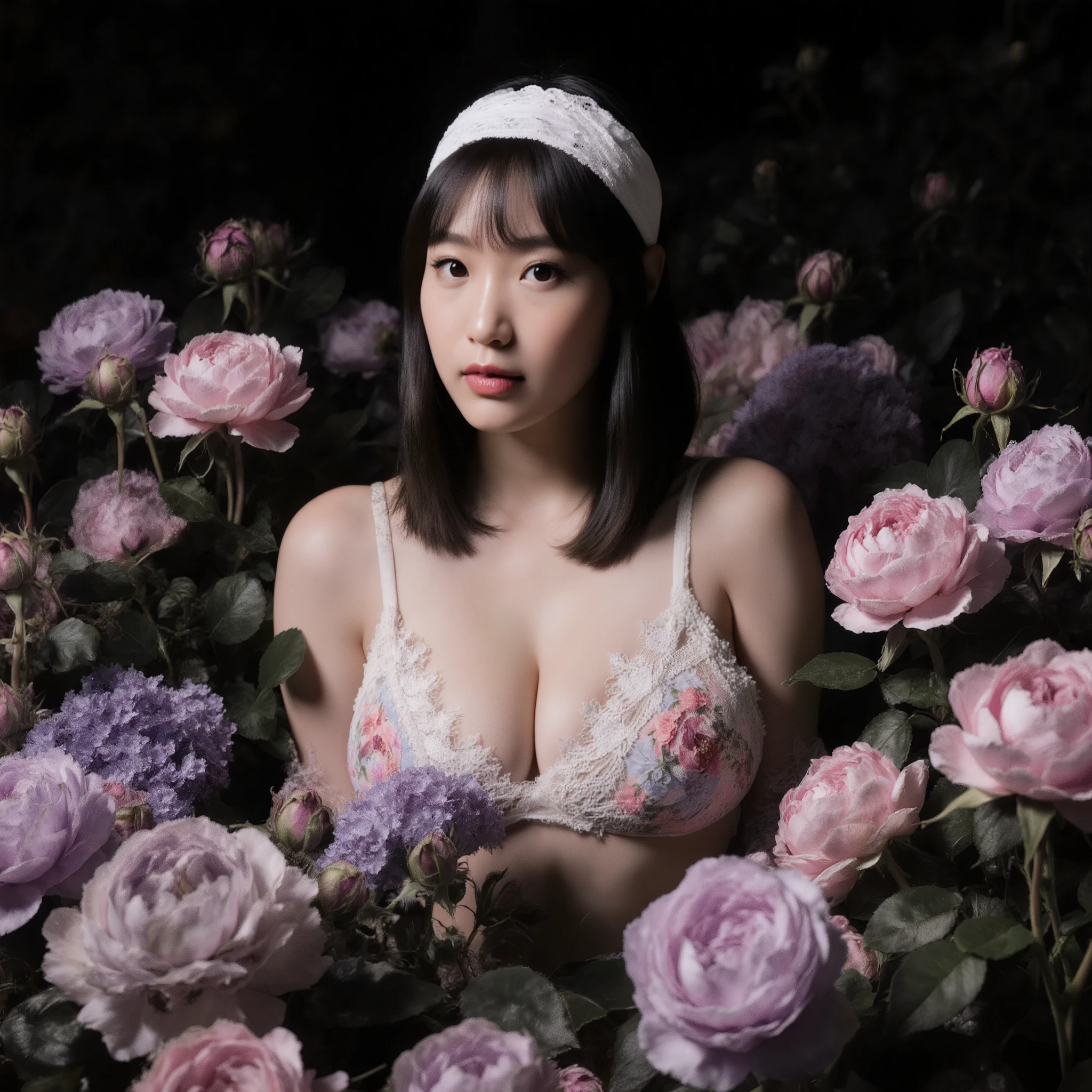 Ultra-realistic cinematic portrait of a young woman posing elegantly among abundant roses and peonies in soft pink and lavender hues, surrounded by lush greenery. She wears a delicate floral lingerie-style outfit with lace details and a white headband, styled with sophistication. The lighting is dramatic and directional, creating deep blacks, strong contrast, and sculpted shadows that define her features and body contours with precision. Highlights are soft and balanced, emphasizing natural skin texture, fabric detail, and floral richness. The background remains artistically blurred, with a dark, moody tone enhancing depth and atmosphere. Shot in 8K resolution with cinematic color grading, high dynamic range, realistic light reflections, and professional editorial fashion photography style — elegant, immersive, and visually striking.