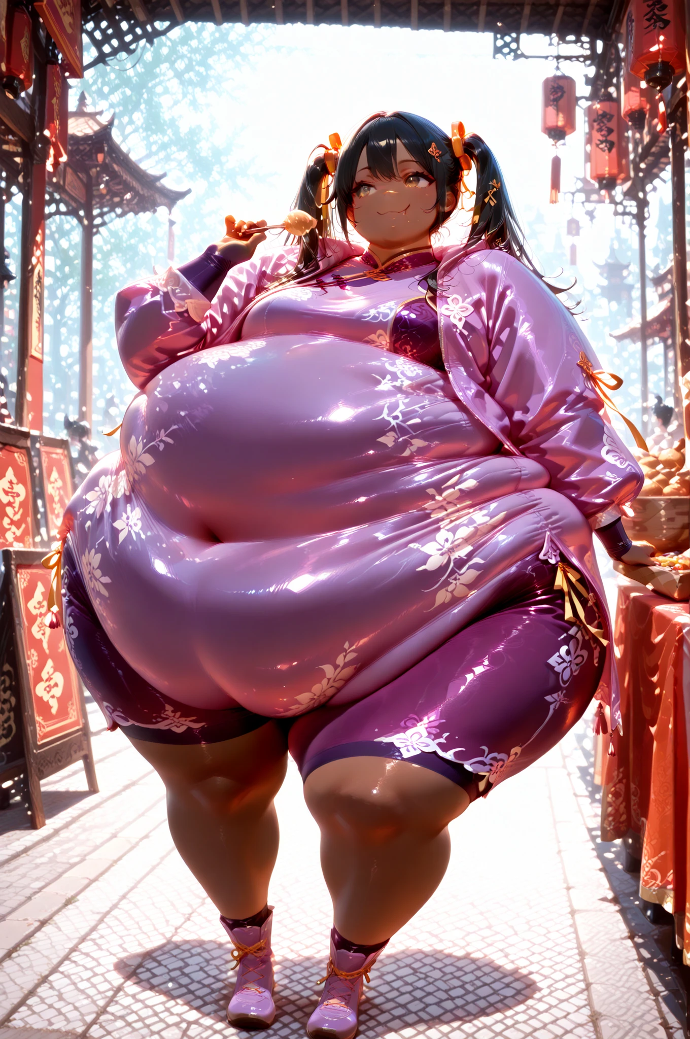 masterpiece, best quality, 1girl, solo, Ling Xiaoyu, long hair, black hair, twin tails, brown eyes, dark skin, Asian, shirt, long sleeves, hair ornament, ribbon, hair ribbon, open clothes, shorts, open jacket, purple jacket, purple shorts, Chinese clothes, short dress, bike shorts, China dress, yellow ribbon, hyper obese, hyper fat, hyper pregnancy, full body, outdoors, restaurant, smile, eating, dynamic angle, action pose