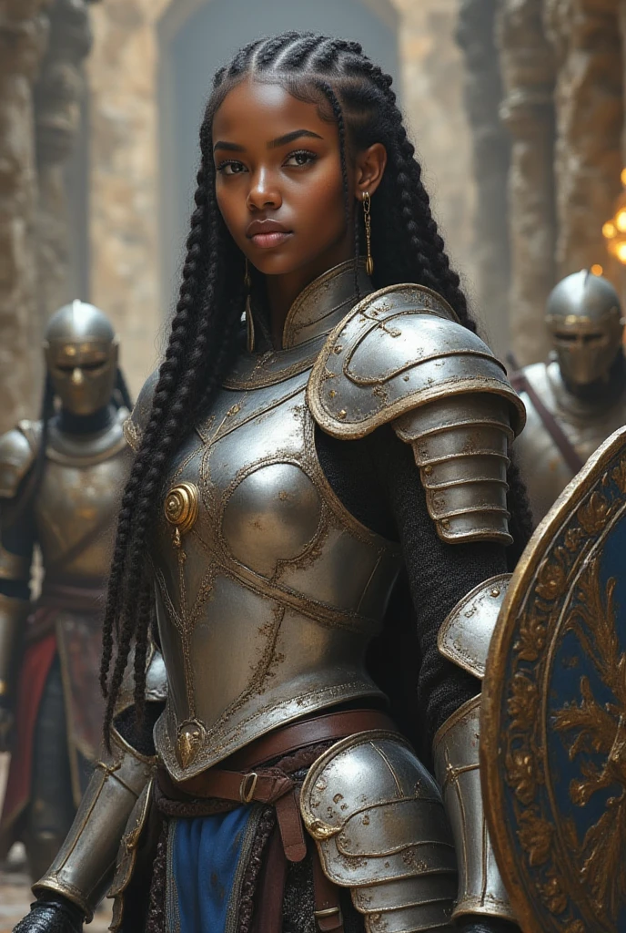 Une jeune femme chevalier noire africaine. Cheveux reliés en 2 grosses tresses tombent sur ses gros seins. Elle porte une armure de chevalier. 