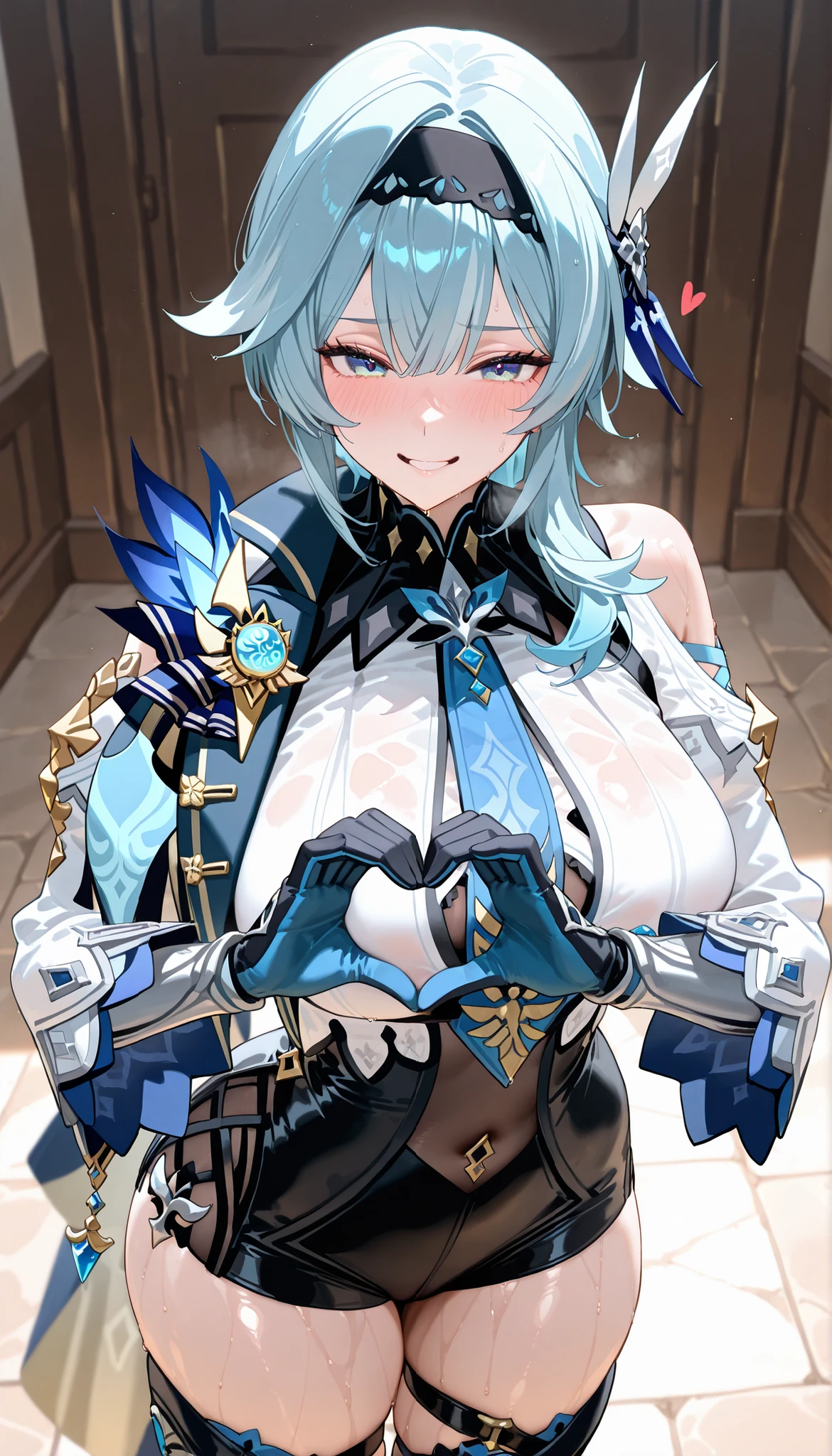 score_9,score_8_up,score_7_up,1girl, solo,blue eyes, gray hair, braided ponytail, big_chest, Vision_\( Genshin_impact\), absurd, high resolution,medium hair, blue hair, gradient eyes, with a red eye, Black Hairband, hair ornaments, blue tie, (He is wearing a blue cloak on his right shoulder), long sleeves, wide sleeve, black gloves, High Waist Shorts, black leotard, being pushed out of the vagina, _\( Genshin_impact\),Standing on the floor,(In the Stone Prison),(Heart Hand),thick face,enchanting smiles,blush,heavy breathing,shiny skin,sweaty skin,big butt,(cowboy shot),((View the view))
