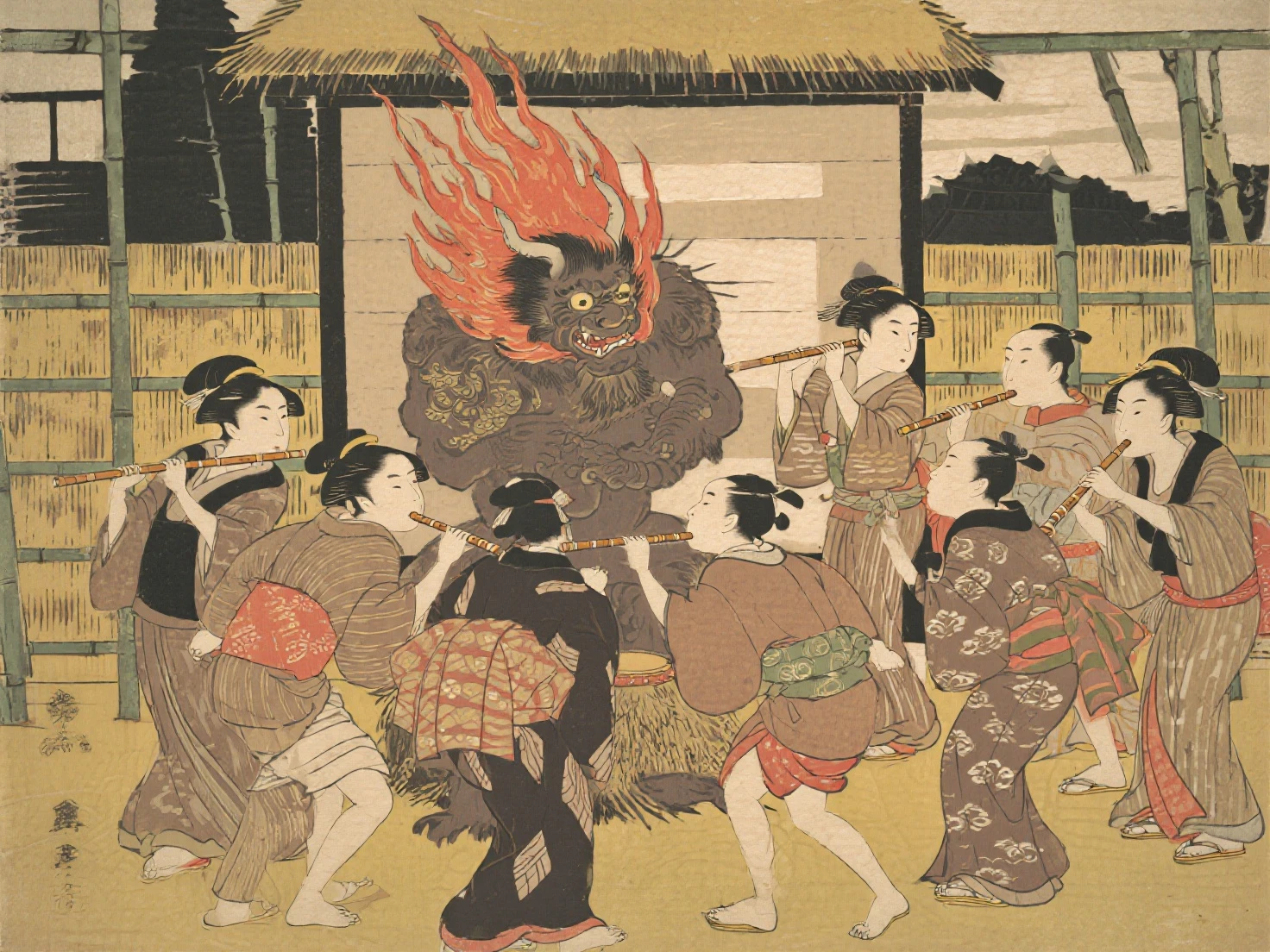 Ukiyo-e style image. Travelers from the Edo period making a bonfire in a slightly open area in the pitch black mountains to camp out. A giant demon appears from the darkness. The demon's head has long, unkempt hair.、The demon has two horns and is wearing tattered armor.