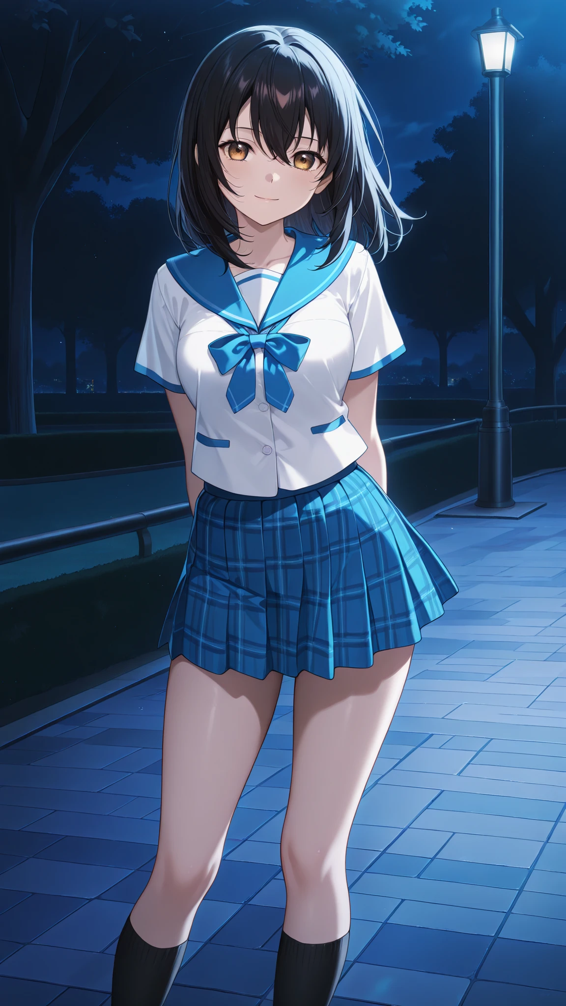 highres,absurdres,1girl,solo,aayukina,medium hair,black hair,brown eyes,school uniform,blue sailor collar,blue bow,white shirt,short sleeves,plaid miniskirt,blue skirt,black socks,night,park,dark,arms behind back,light smile,contrapposto