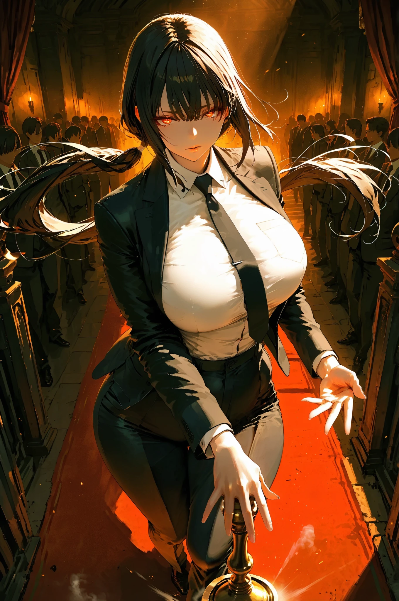  ,K977, (((masterpiece))), (best quality), (very aesthetic), (absurdres), (((top quality))), (High resolution), (32K), (Best illustration), (anime style), (Detailed and delicate face), (beautiful and delicate eyes), (beautiful detailed eyes), (intricate detail), (highly detailed), (ultra detailed), (ultra HD), (extremely detailed CG), (perfect ), (perfect hands), ((perfect fingers)), (perfect legs), (smooth soft skin), (cinematic scale), 1girl, solo, black suit, open black jacket, black slacks, black pants, (black necktie:1.3), (visible black tie), (necktie clearly seen over shirt), (tie on top of ), white formal shirt fully buttoned, (tight but not bursting), (closed formal shirt:1.3), (button alignment preserved), (dark grand auction hall), (luxurious stage), (spotlight from above), (ornate podium), (golden auction gavel in right hand), (striking the gavel down), (powerful pose), (commanding presence:1.3), (crowd silhouettes in darkness), (velvet curtains), (dim warm lighting), (dust particles in air), (dramatic shadow), (serious expression), (cold smirk), (confident gaze downward), (authoritative stance), (auctioneer moment), (mid action pose), (dynamic motion blur around hand), (1/4 view), (cinematic perspective), (tension-filled atmosphere)