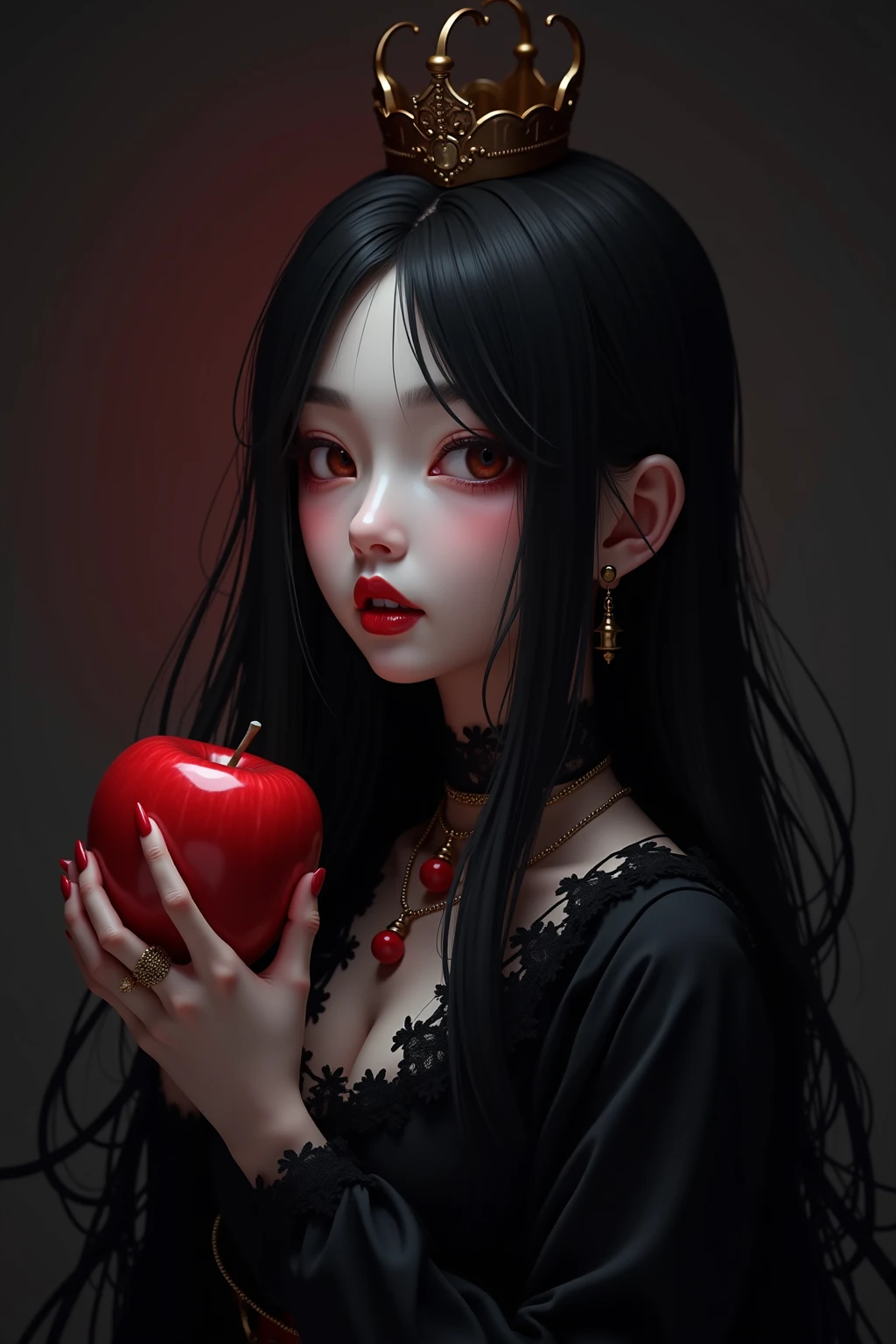 ((RAW photos)，Absurd，(Absurd分辨率))，masterpiece，Best quality，(Extremely Detailed 8k Unity CG Wallpaper)，(Most Best Illustration)，(best shadows)，Realistic lighting，beautiful and detailed brilliance，((21yo))，girl，longblackhair，Black Queen，accessories for girls，Hold an apple，Poison apples，Queen of Witches，red lipsticks，(((Her Photographic Perspective)))
